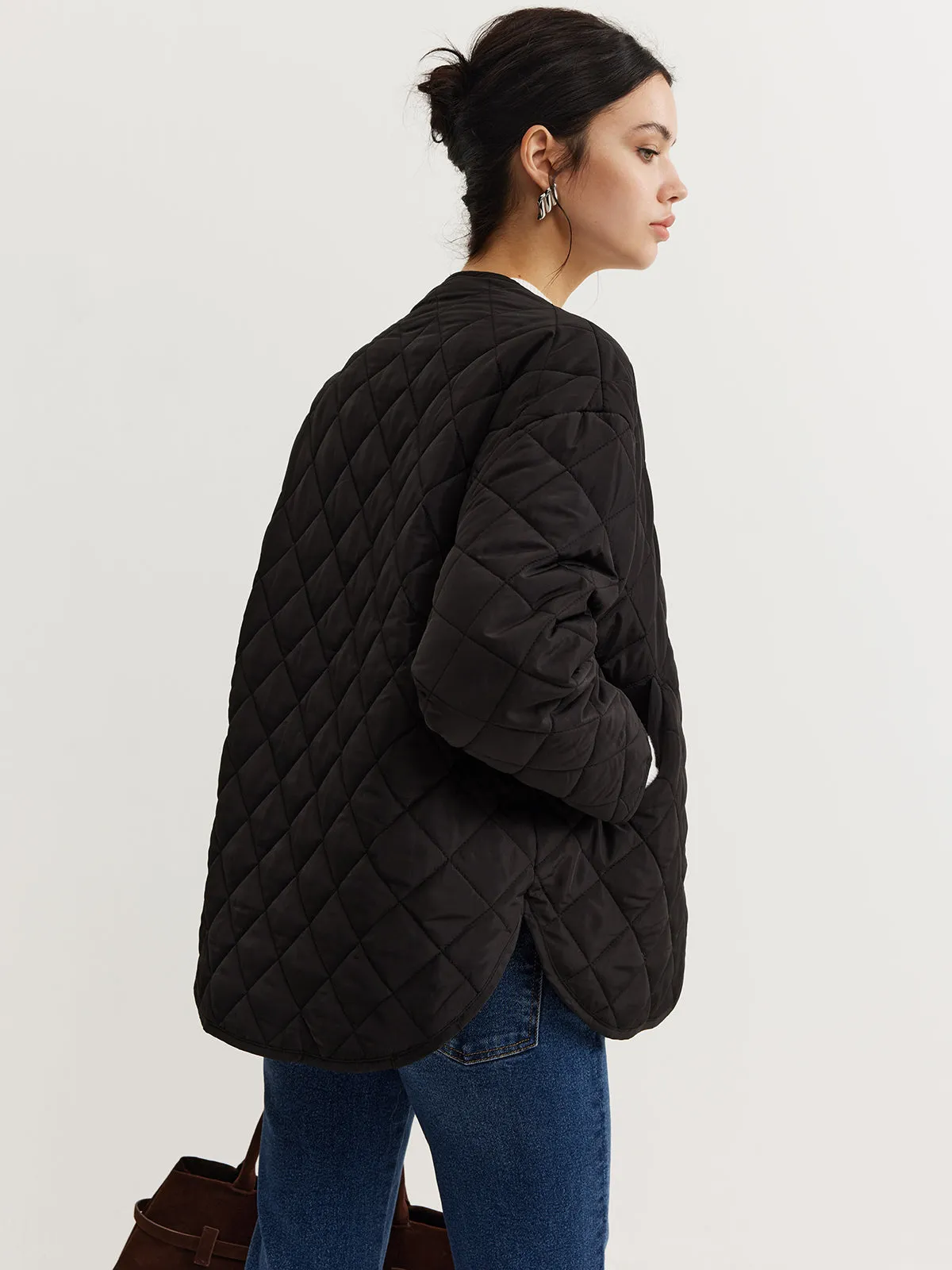 Plain Quilted Button Winter Coat With Matching Scarf