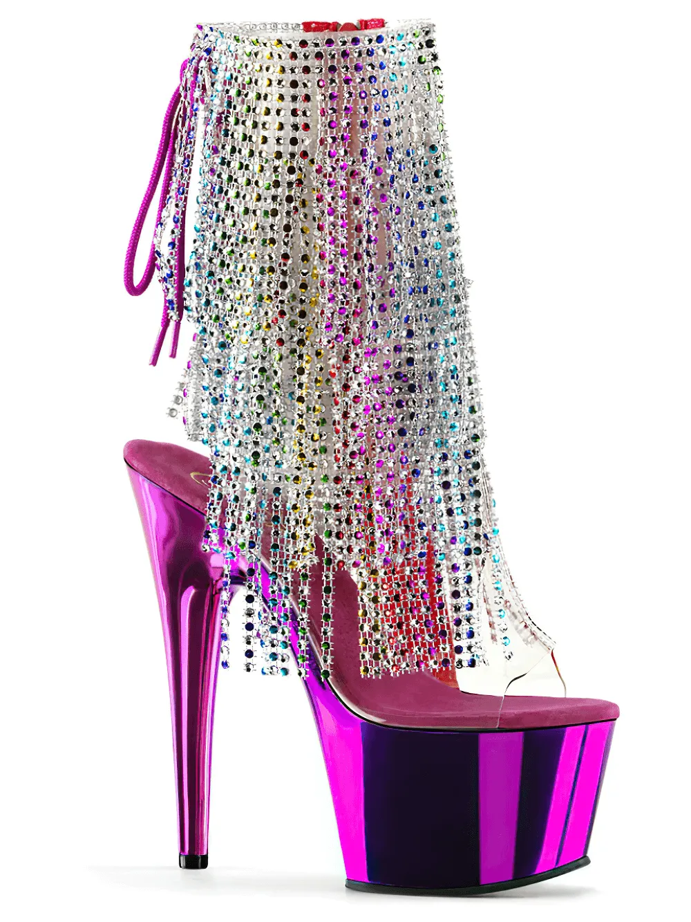 PLEASER Chrome Stiletto Heels with Rhinestone Fringe Detail