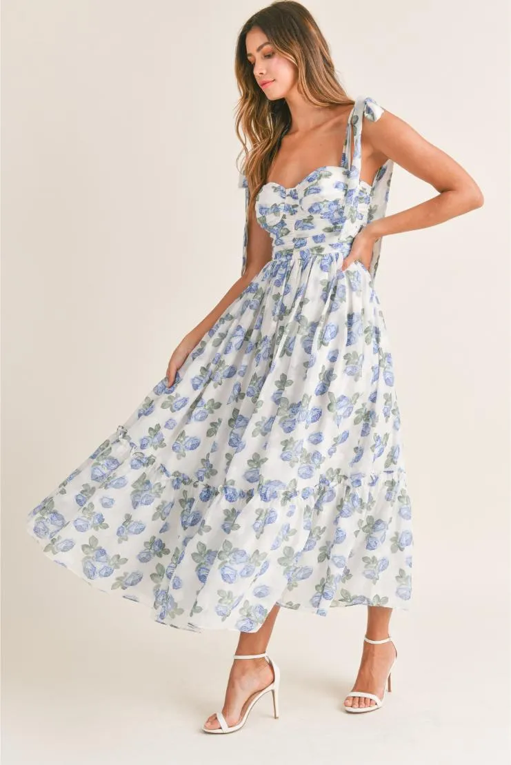 May 2024 Pre-Order Abigail Blue Florals Midi Dress