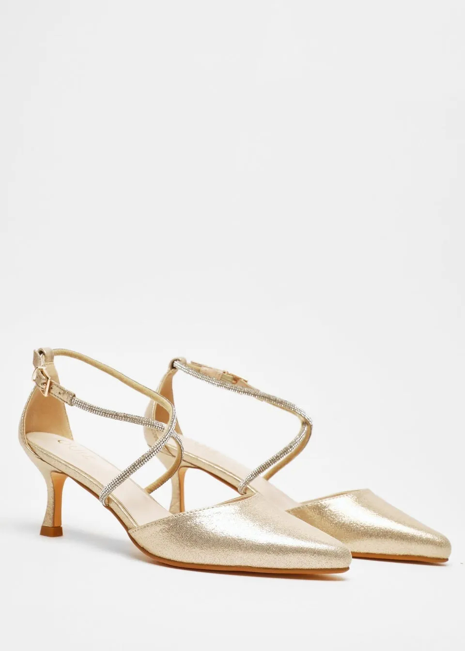 Quiz Gold Satin Cross Strap Court Heels