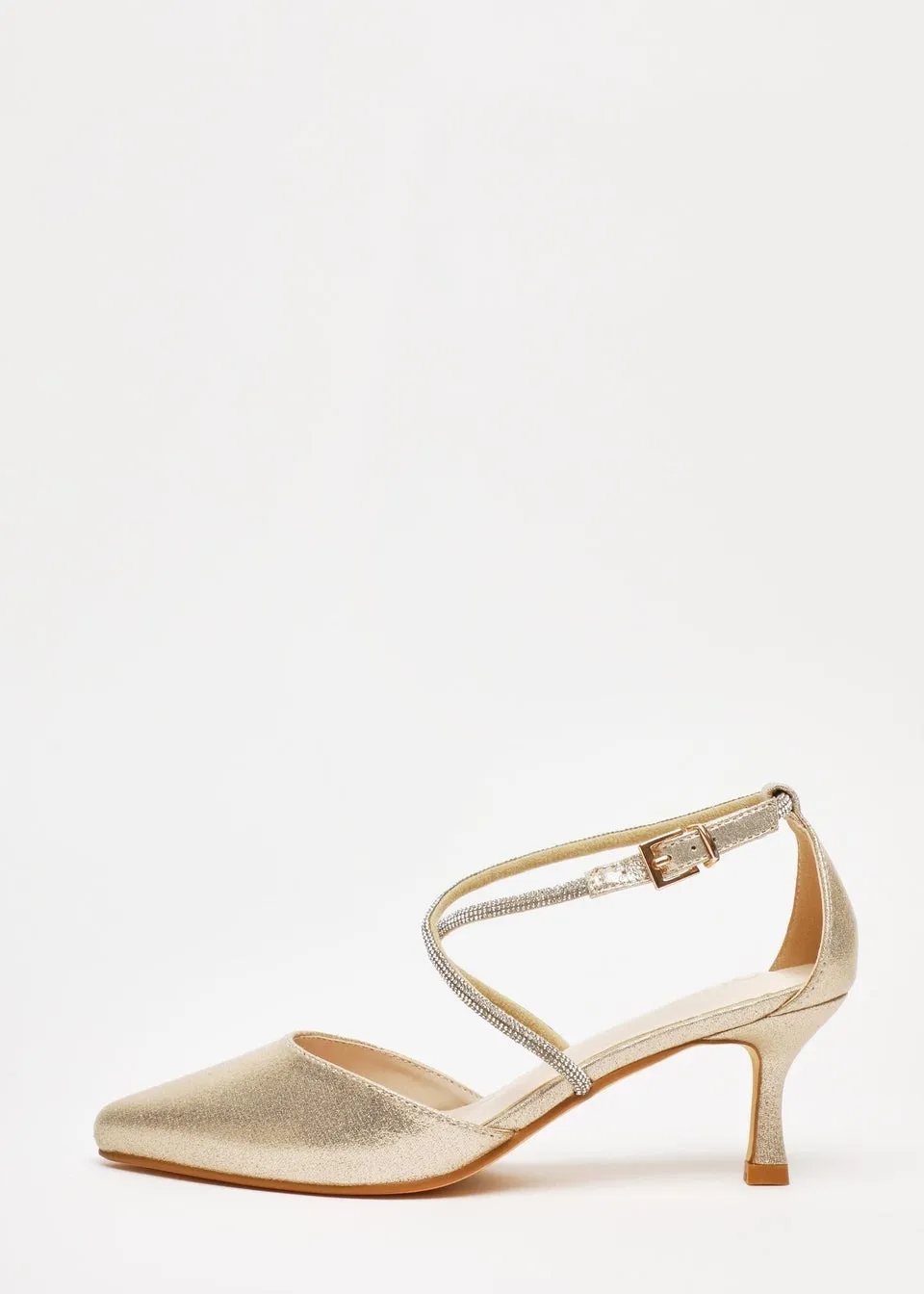 Quiz Gold Satin Cross Strap Court Heels