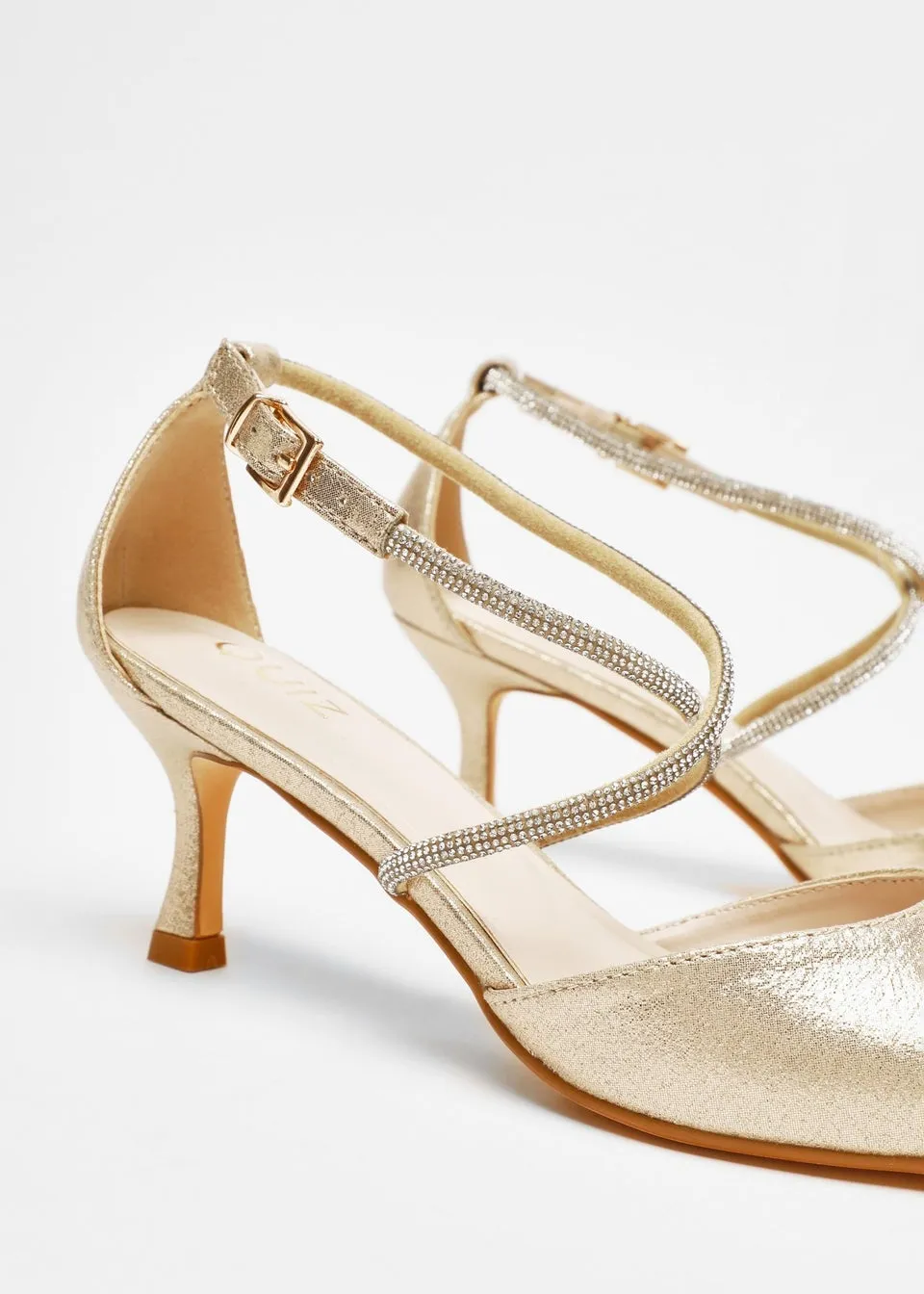 Quiz Gold Satin Cross Strap Court Heels