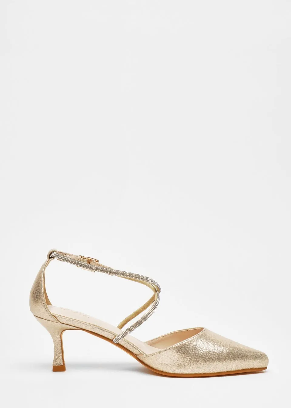 Quiz Gold Satin Cross Strap Court Heels