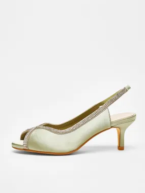 Quiz Sage Satin Diamante Low Heeled Slingback Heels