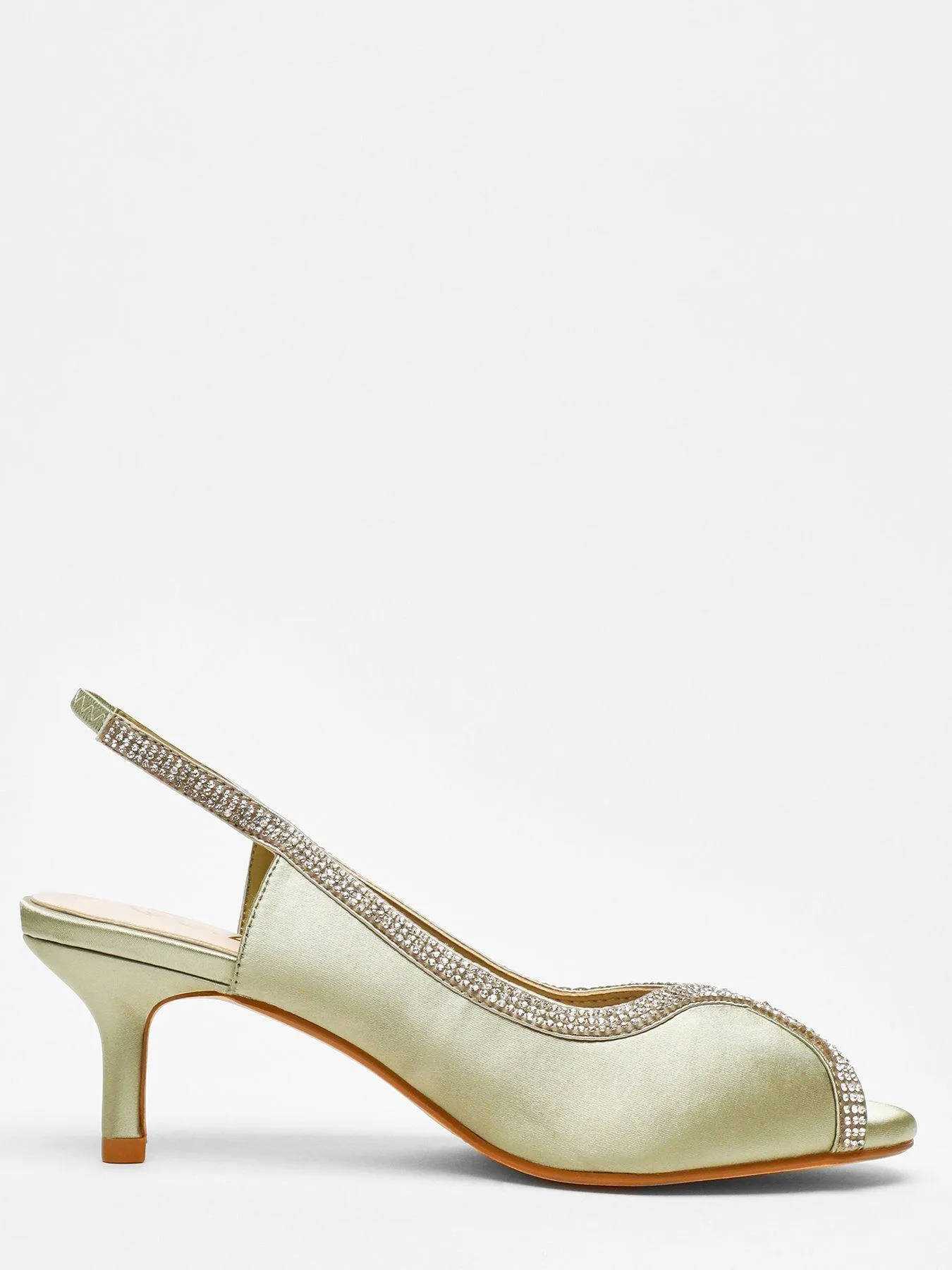 Quiz Sage Satin Diamante Low Heeled Slingback Heels