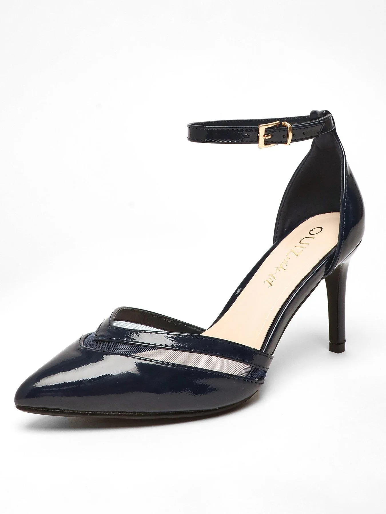 Quiz Wide Fit Navy Patent Faux Leather Mesh Court Heels