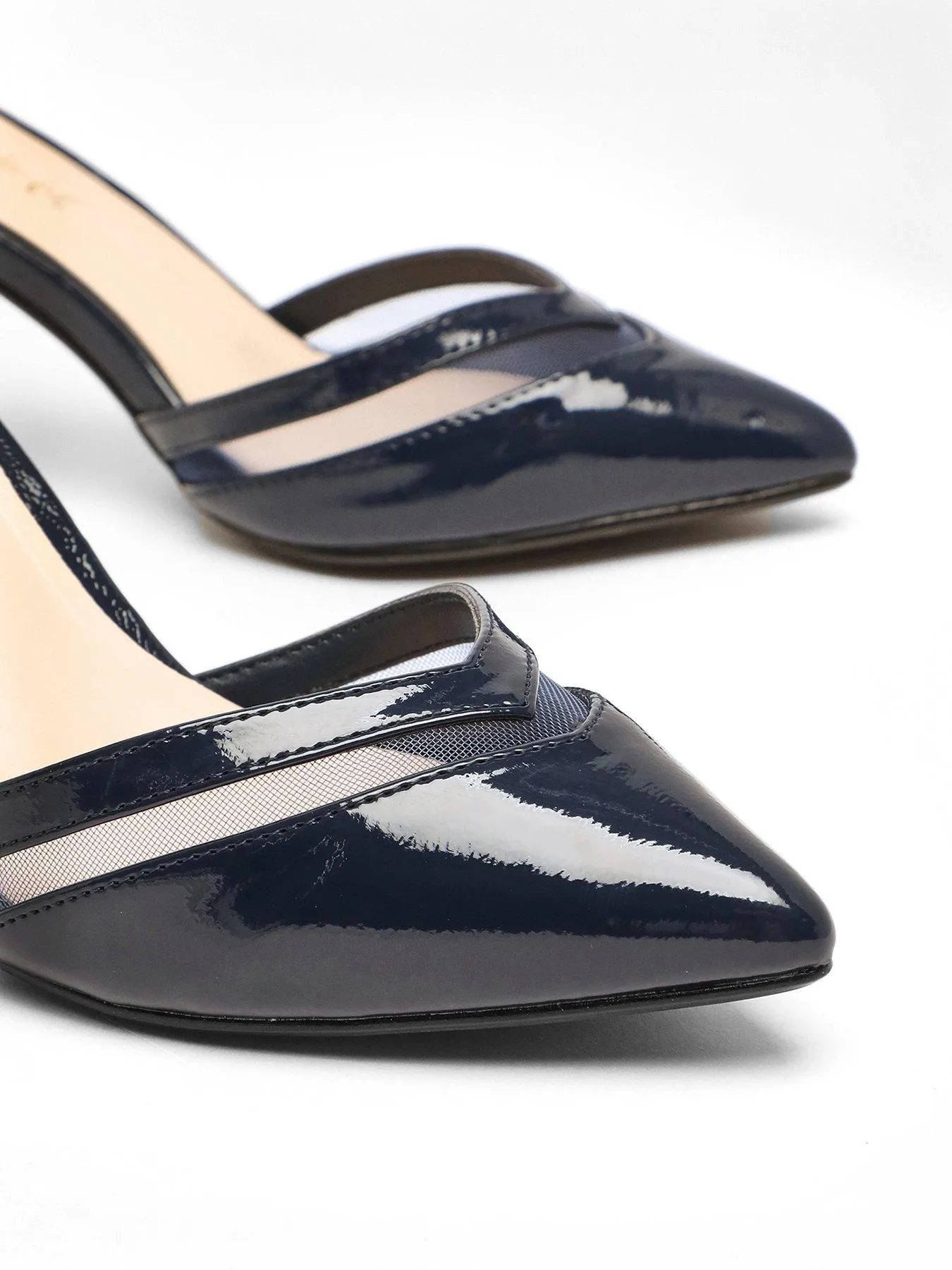 Quiz Wide Fit Navy Patent Faux Leather Mesh Court Heels