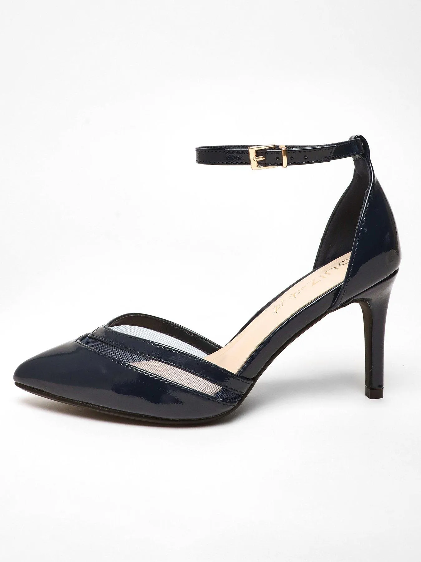 Quiz Wide Fit Navy Patent Faux Leather Mesh Court Heels