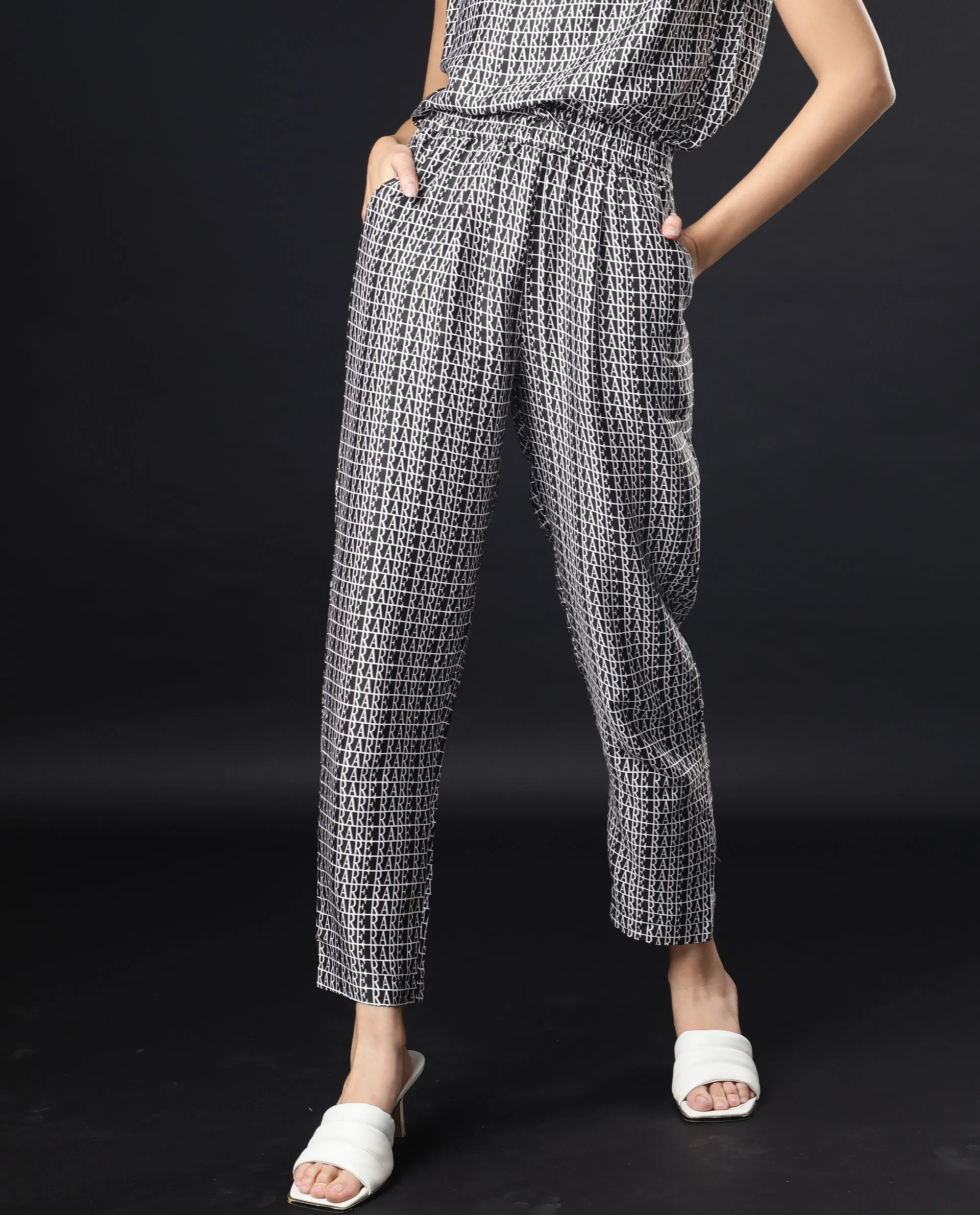 Rareism Women Blakey Black Modal Satin Fabric Tailored Fit Mid Rise Graphic Print Ankle Length Trousers