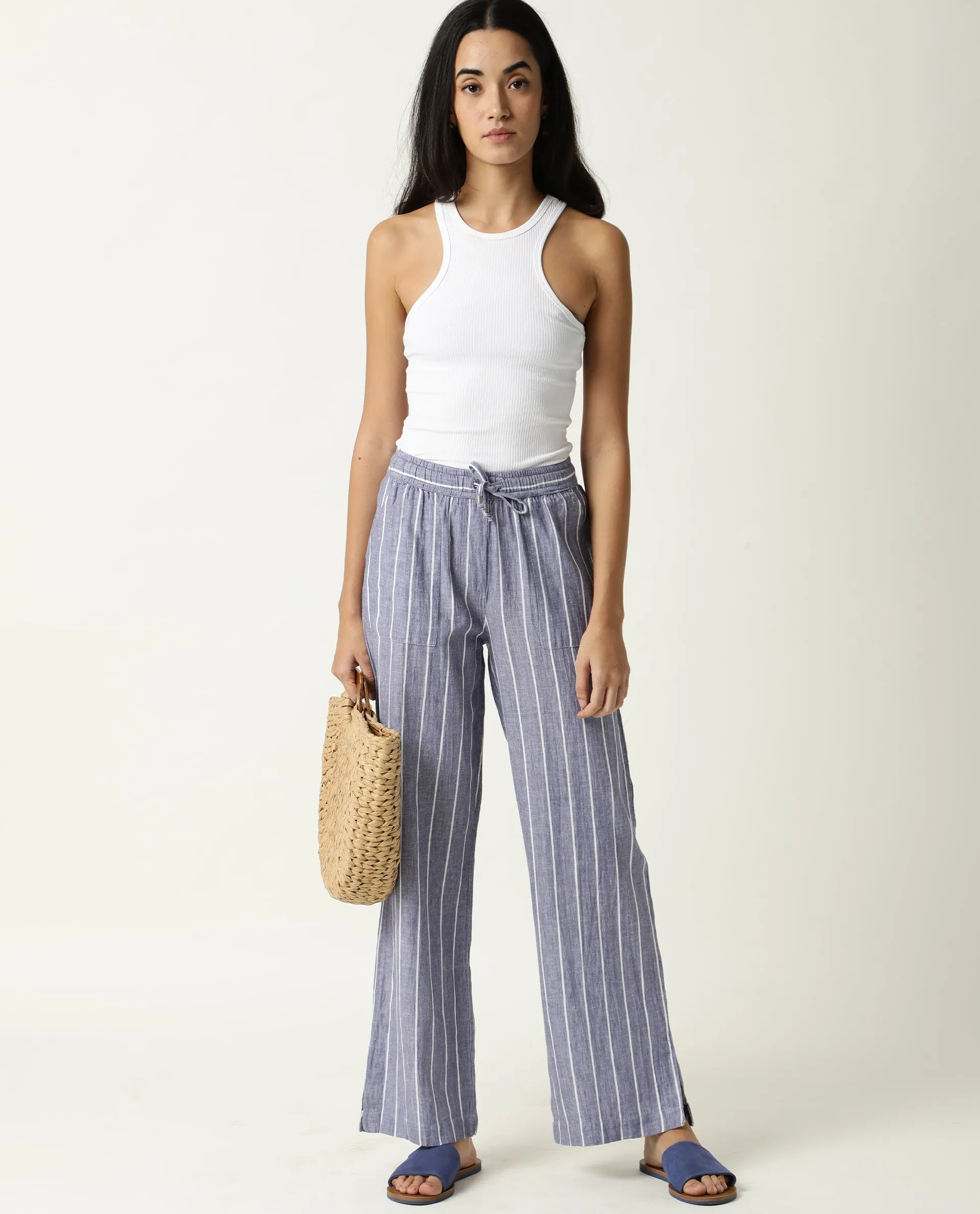 Rareism Women Helena Blue Cotton Linen Fabric Relaxed Fit Mid Rise Striped Ankle Length Trousers