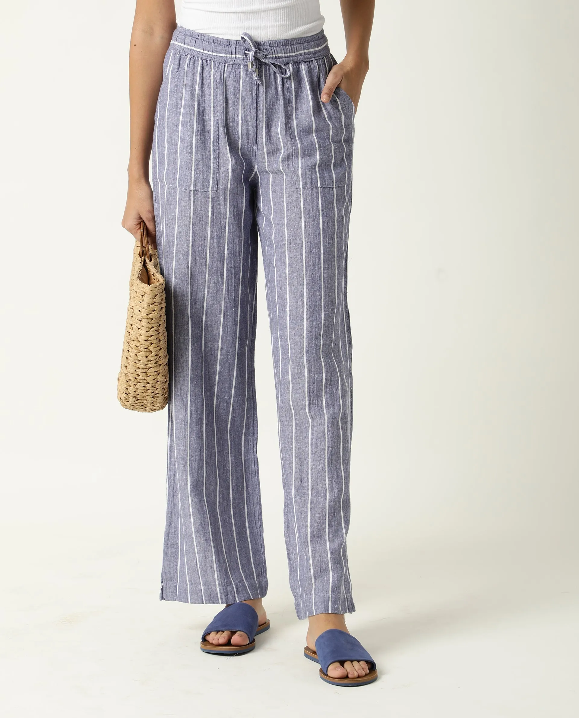 Rareism Women Helena Blue Cotton Linen Fabric Relaxed Fit Mid Rise Striped Ankle Length Trousers