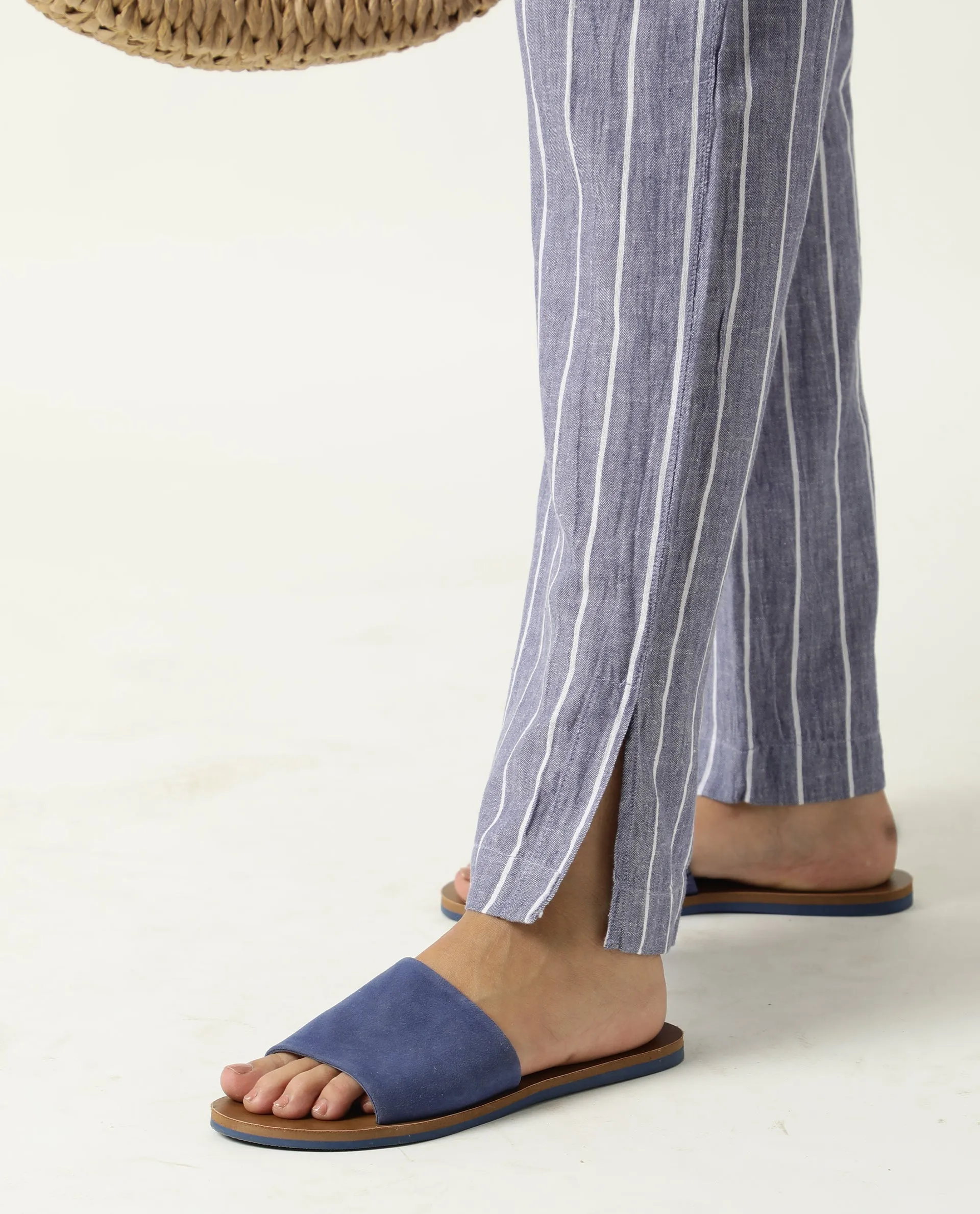 Rareism Women Helena Blue Cotton Linen Fabric Relaxed Fit Mid Rise Striped Ankle Length Trousers