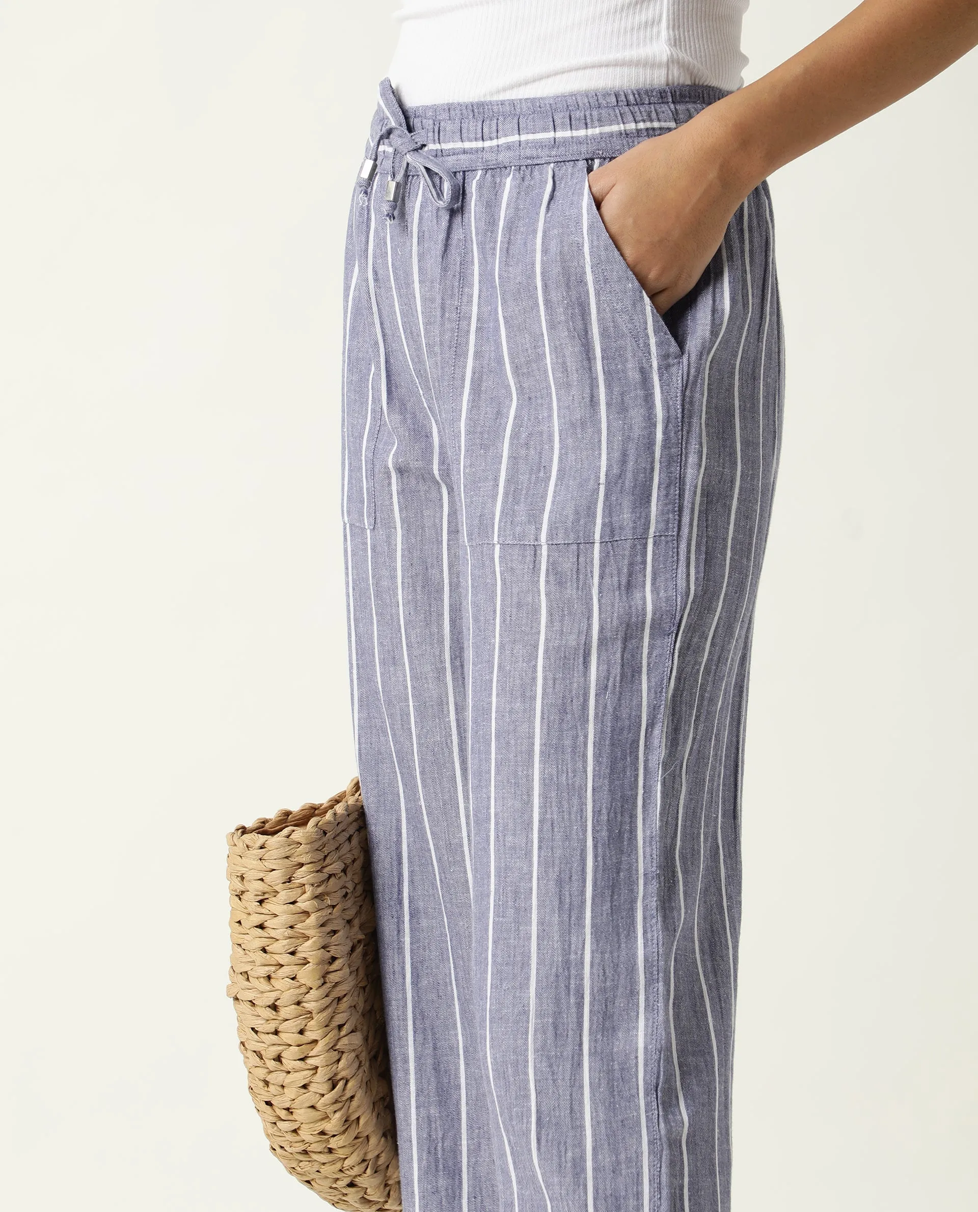 Rareism Women Helena Blue Cotton Linen Fabric Relaxed Fit Mid Rise Striped Ankle Length Trousers