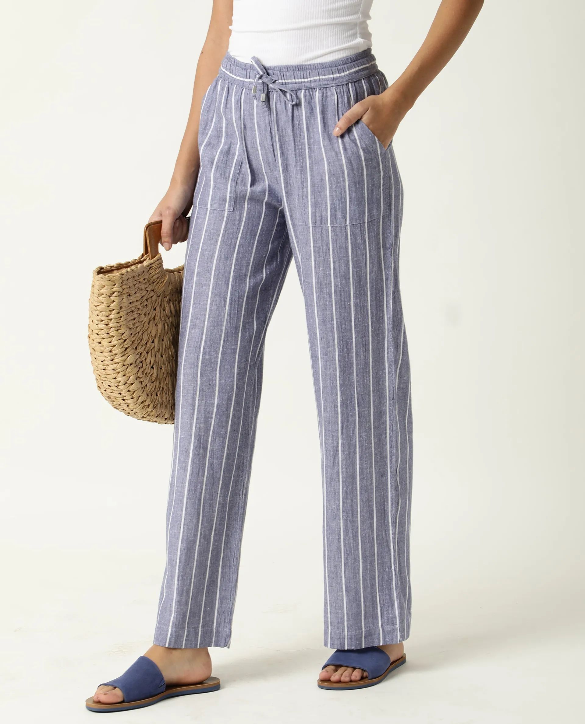 Rareism Women Helena Blue Cotton Linen Fabric Relaxed Fit Mid Rise Striped Ankle Length Trousers