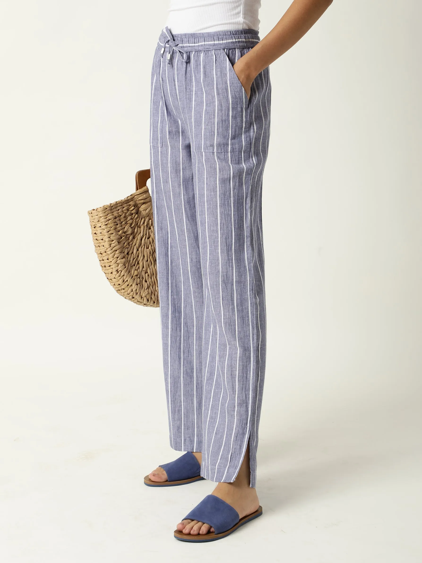 Rareism Women Helena Blue Cotton Linen Fabric Relaxed Fit Mid Rise Striped Ankle Length Trousers