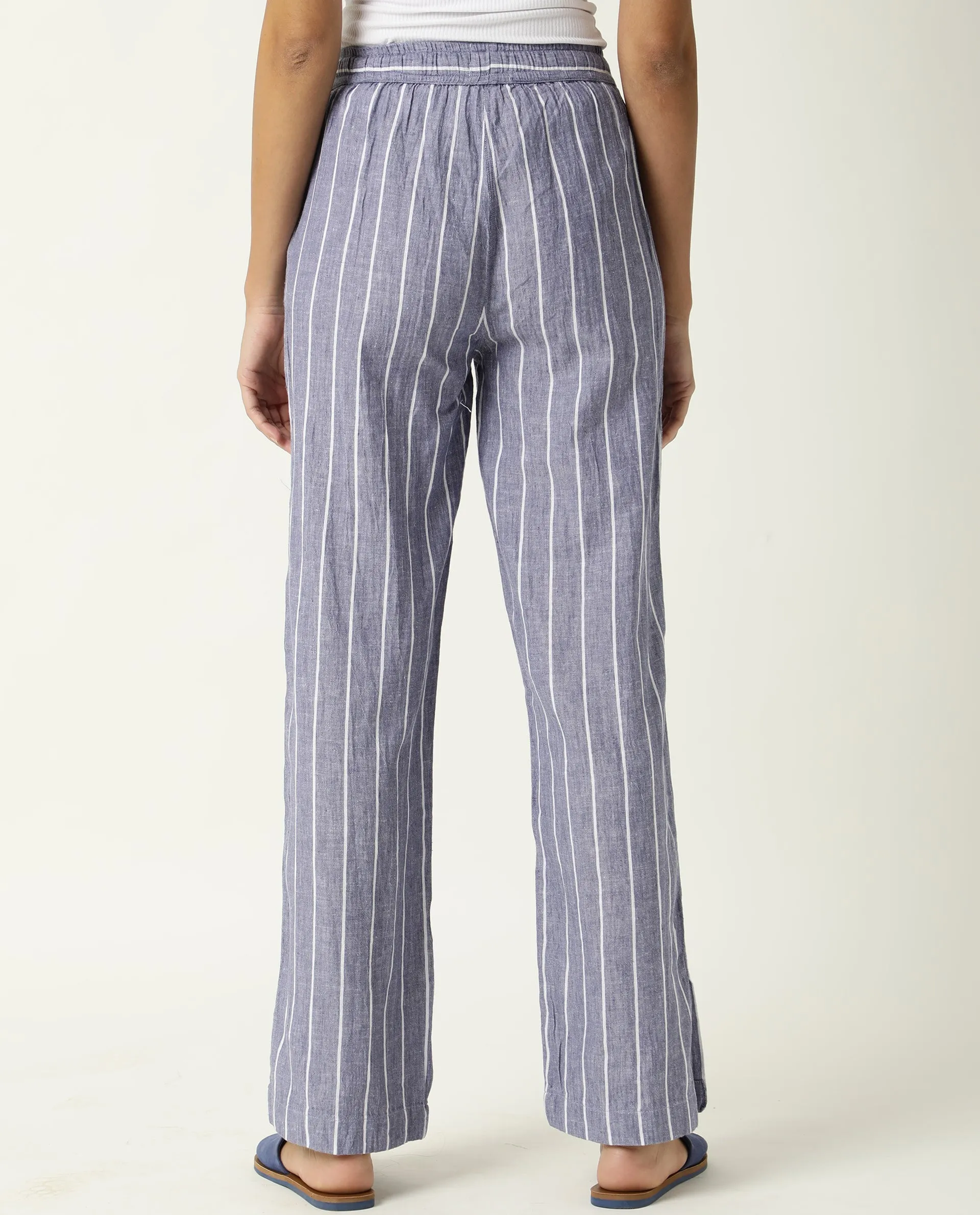 Rareism Women Helena Blue Cotton Linen Fabric Relaxed Fit Mid Rise Striped Ankle Length Trousers