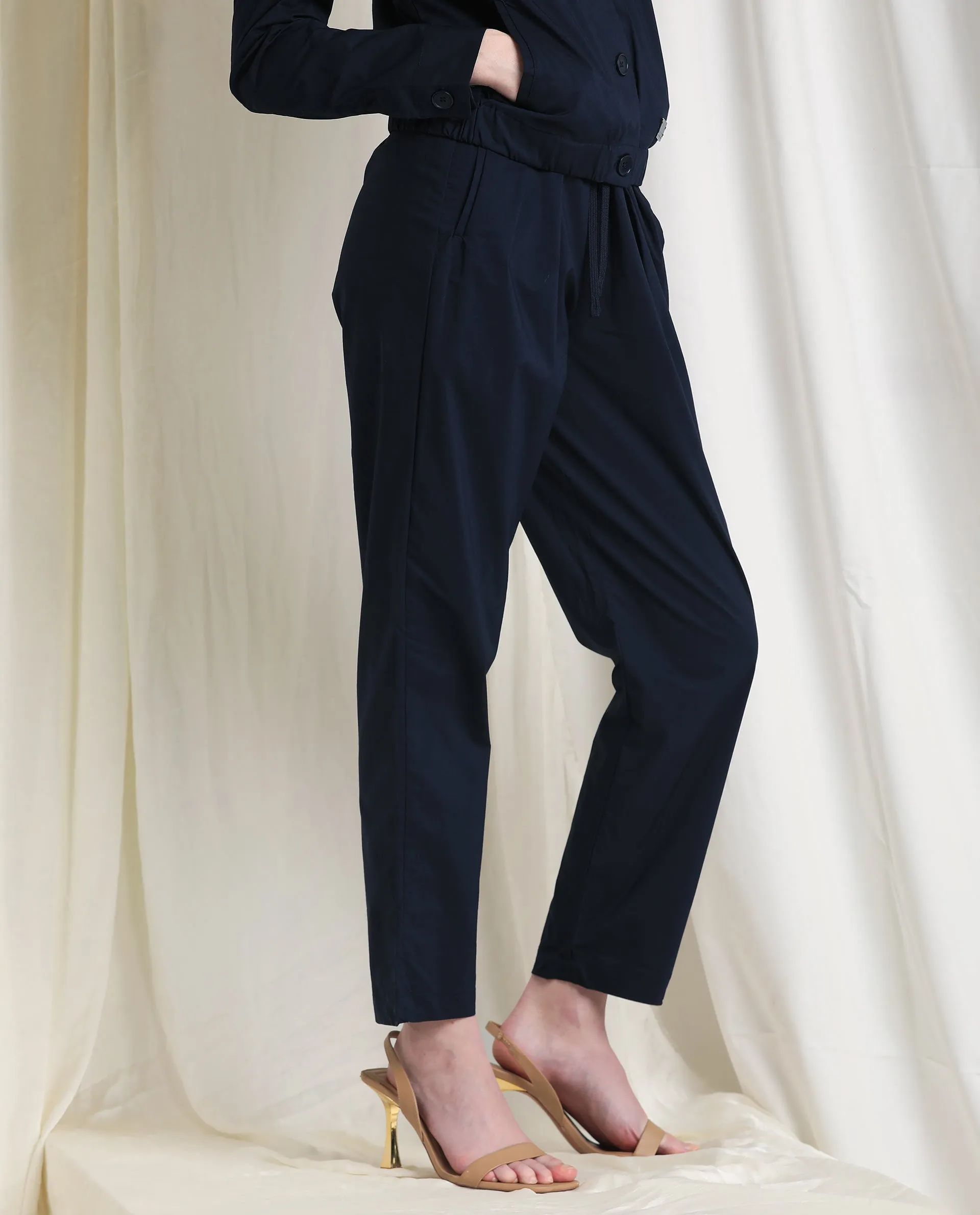 Rareism Women Juven Navy Poly Lycra Fabric Regular Fit Mid Rise Solid Ankle Length Trousers