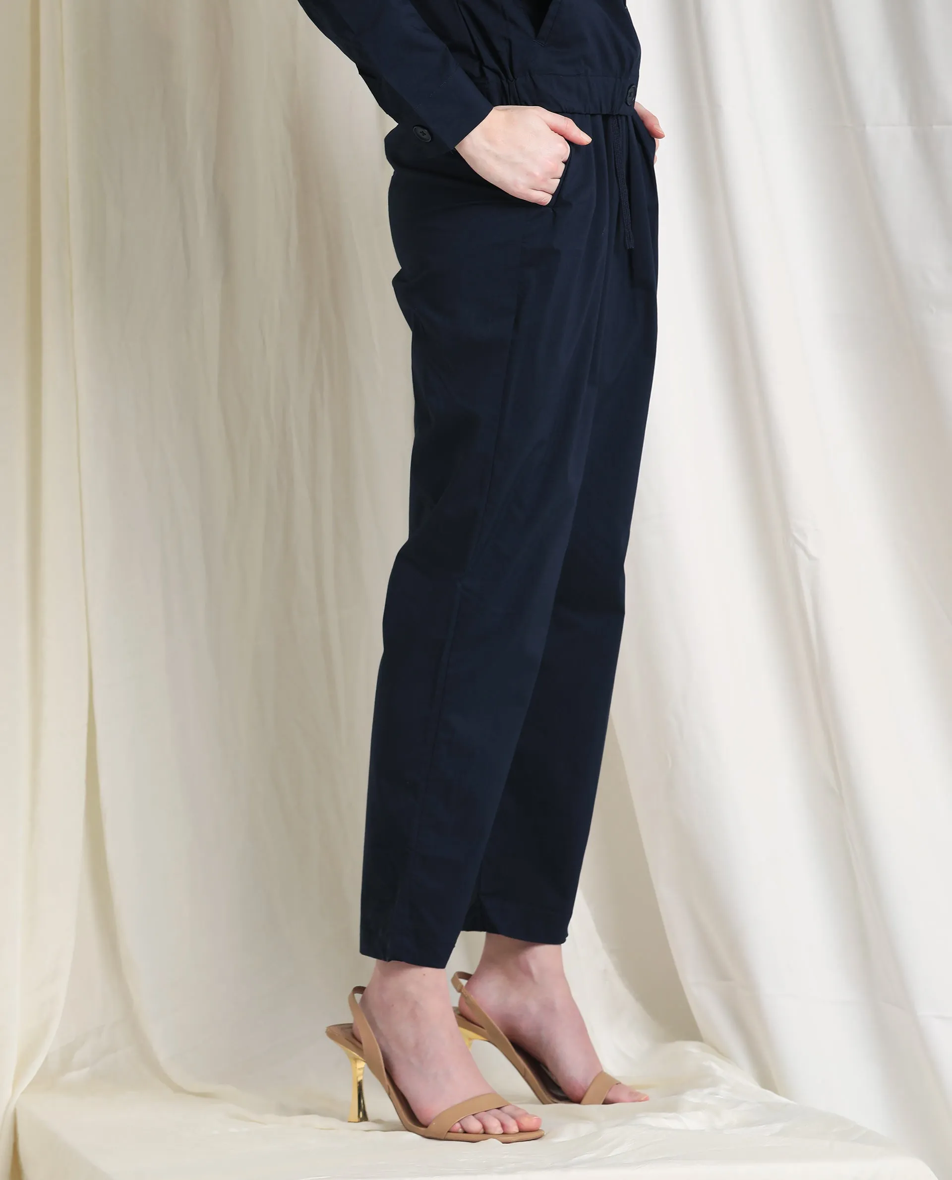 Rareism Women Juven Navy Poly Lycra Fabric Regular Fit Mid Rise Solid Ankle Length Trousers