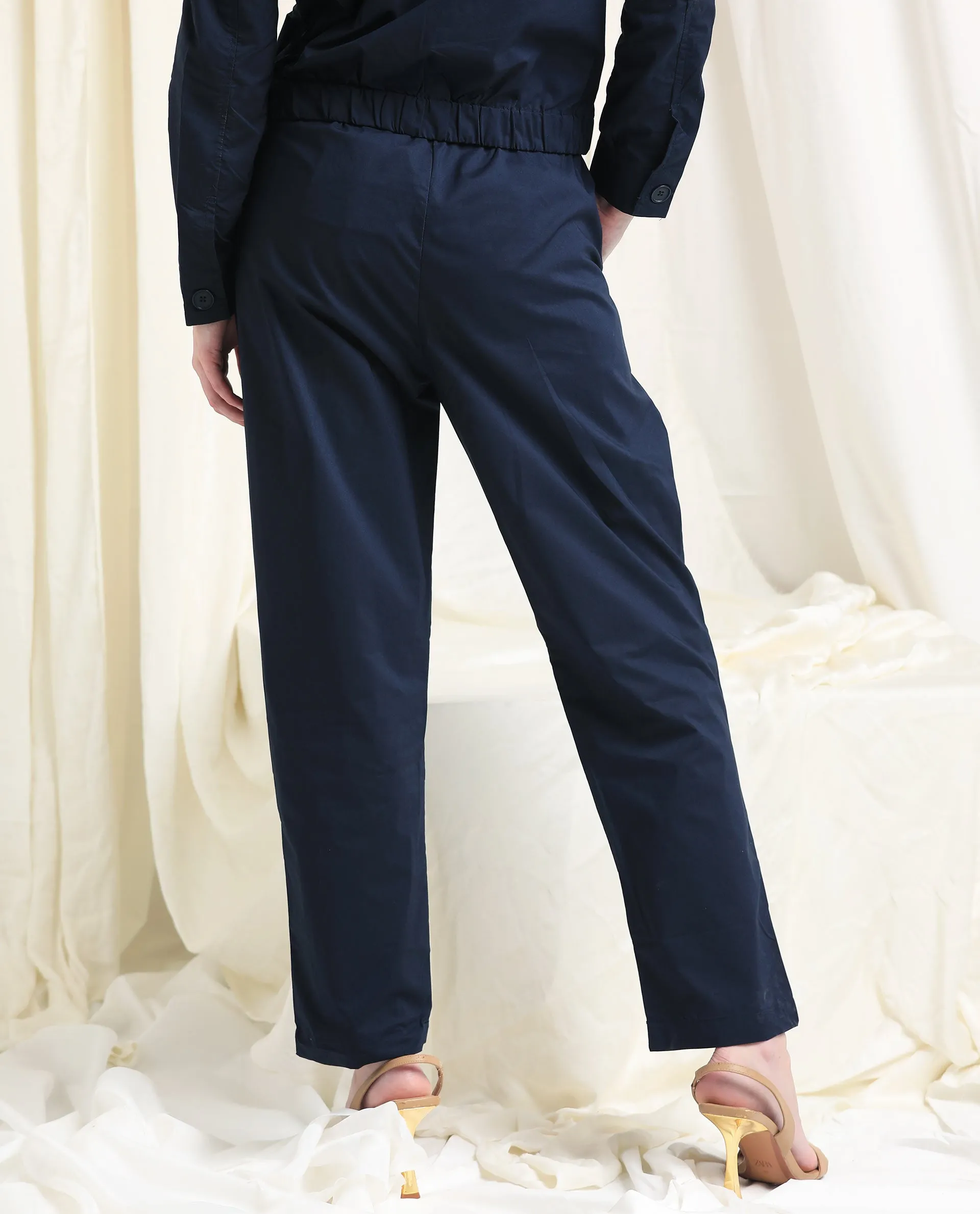 Rareism Women Juven Navy Poly Lycra Fabric Regular Fit Mid Rise Solid Ankle Length Trousers