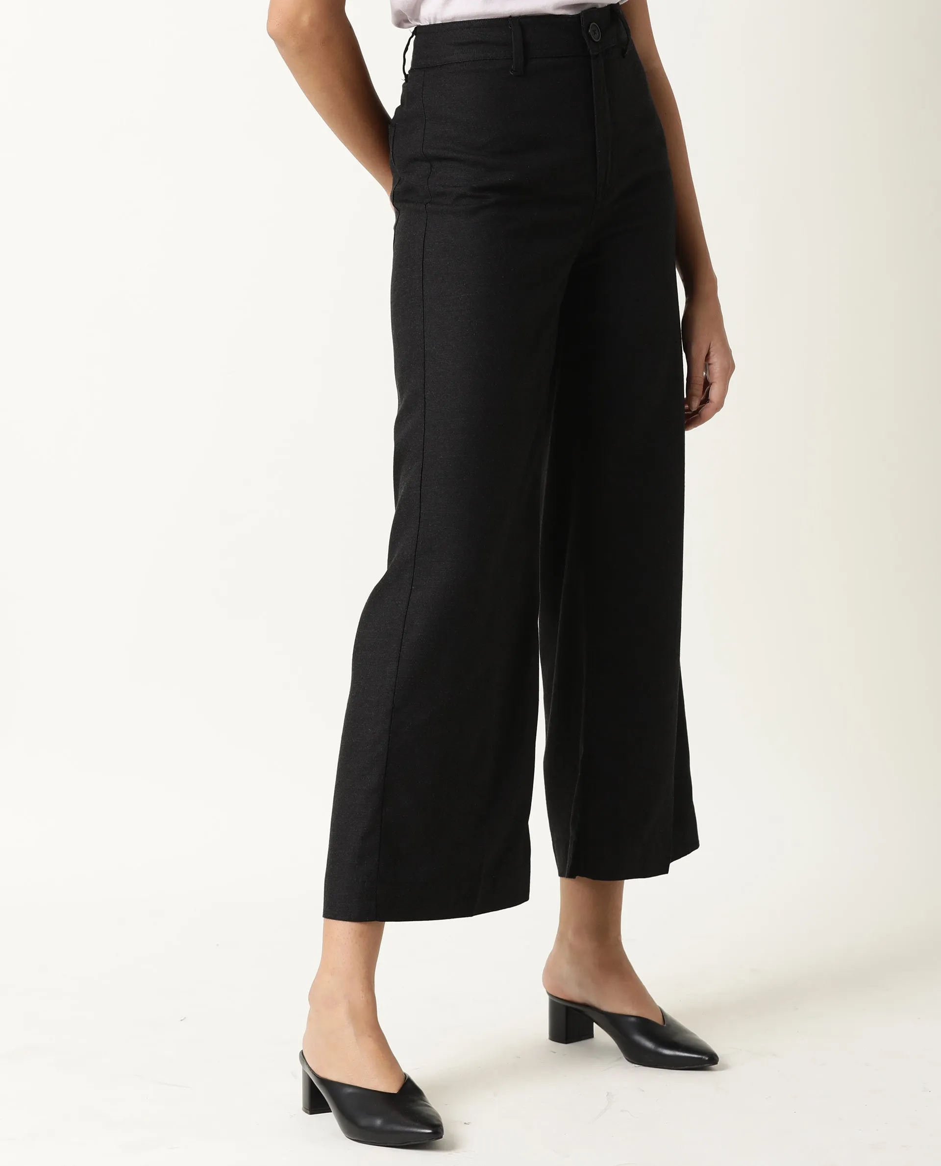 Rareism Women Micky Black Cotton Blend Fabric Tailored Fit Mid Rise Solid Ankle Length Trousers