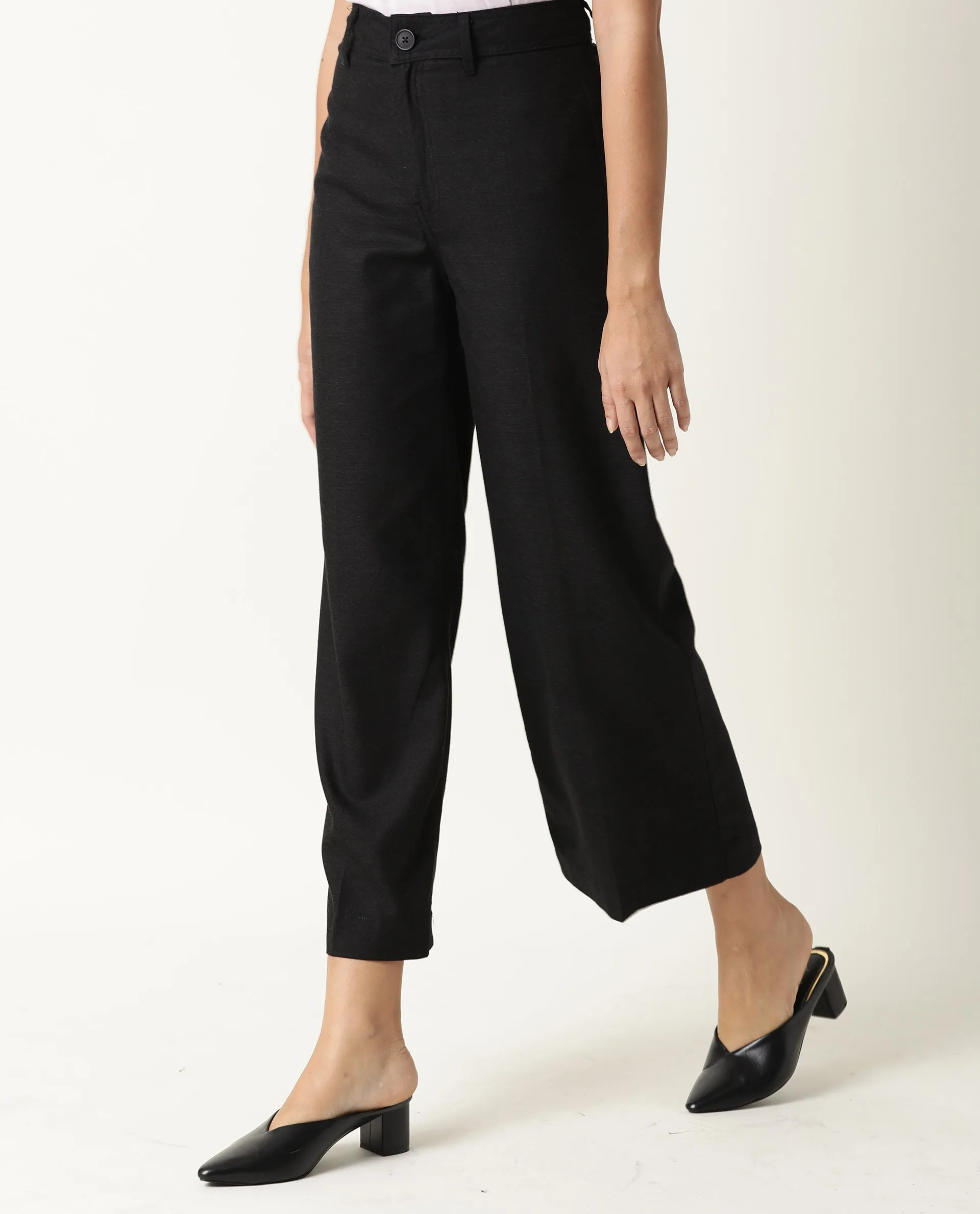 Rareism Women Micky Black Cotton Blend Fabric Tailored Fit Mid Rise Solid Ankle Length Trousers