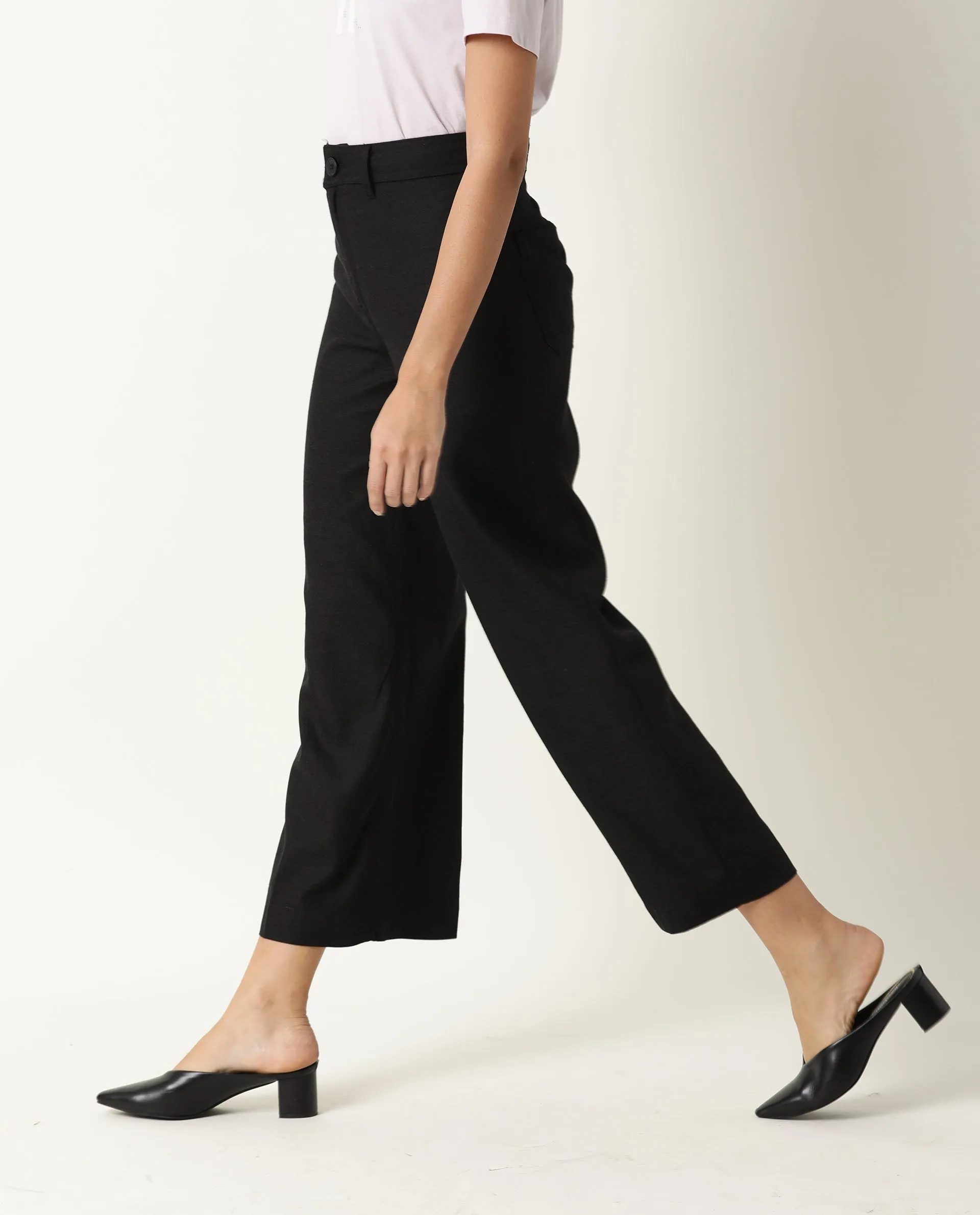 Rareism Women Micky Black Cotton Blend Fabric Tailored Fit Mid Rise Solid Ankle Length Trousers