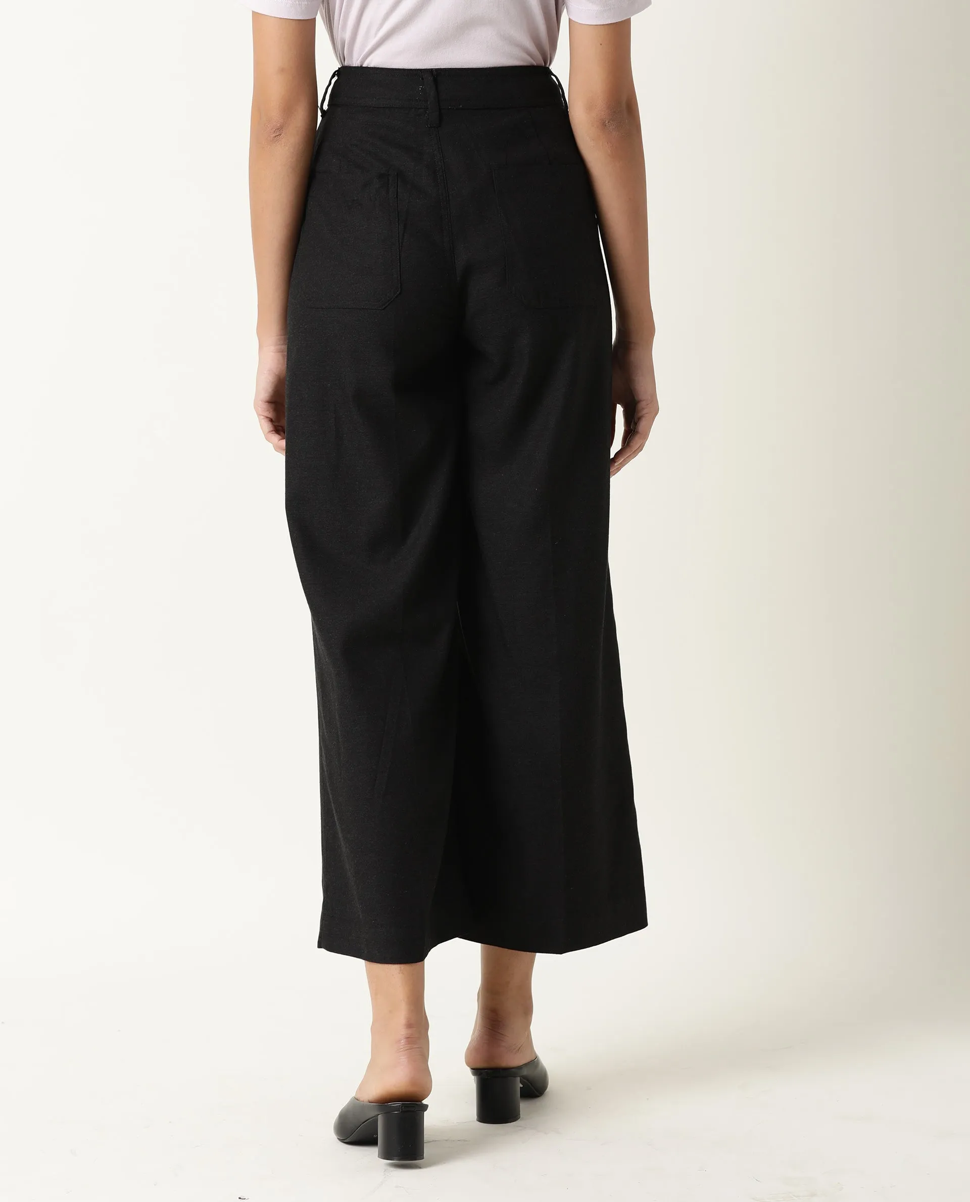 Rareism Women Micky Black Cotton Blend Fabric Tailored Fit Mid Rise Solid Ankle Length Trousers