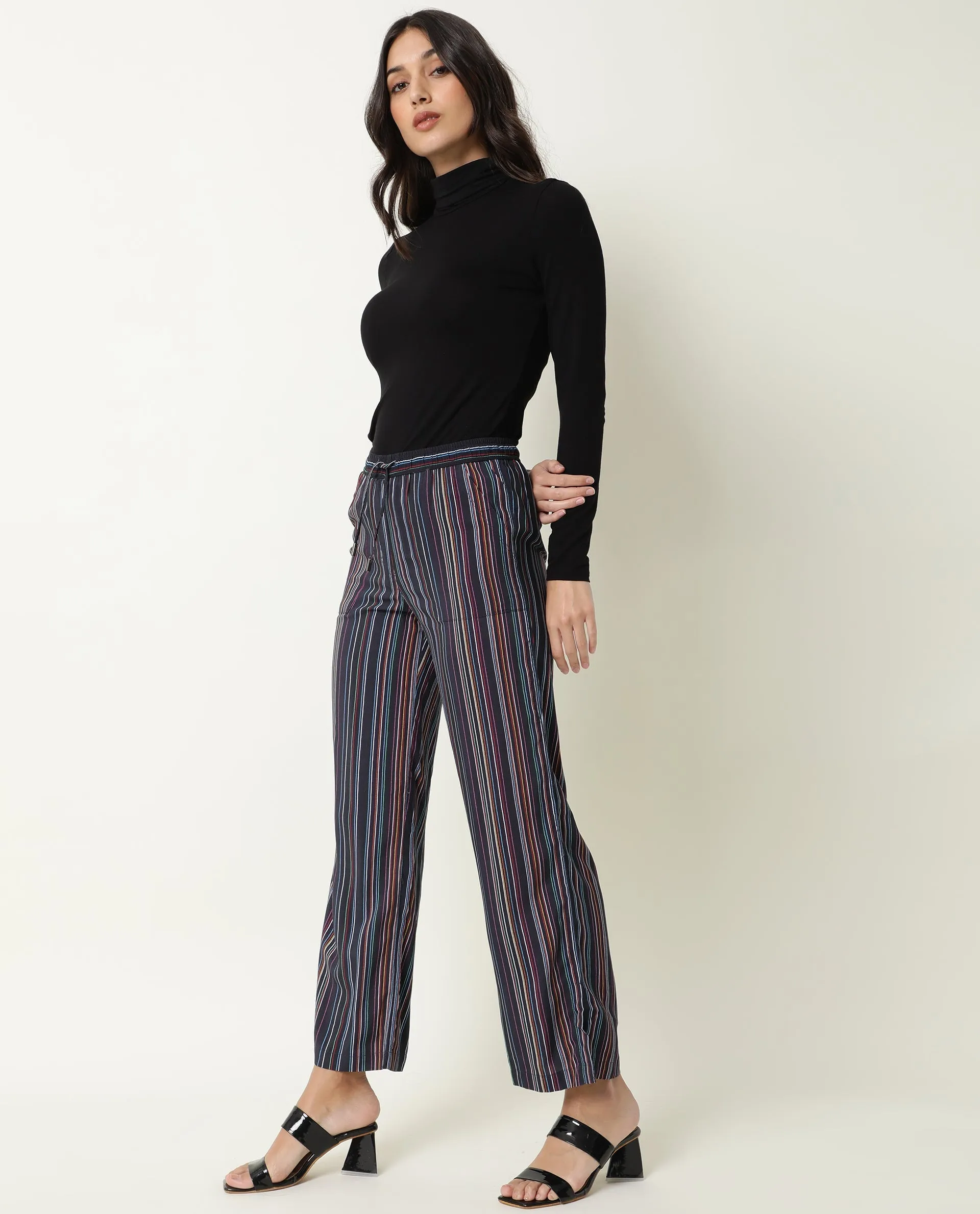 Rareism Women Moose Black Viscose Fabric Tailored Fit Mid Rise Striped Ankle Length Trousers