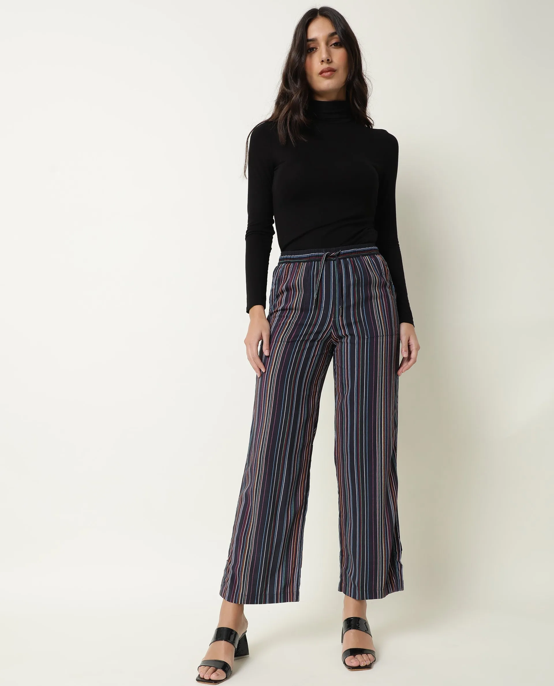 Rareism Women Moose Black Viscose Fabric Tailored Fit Mid Rise Striped Ankle Length Trousers