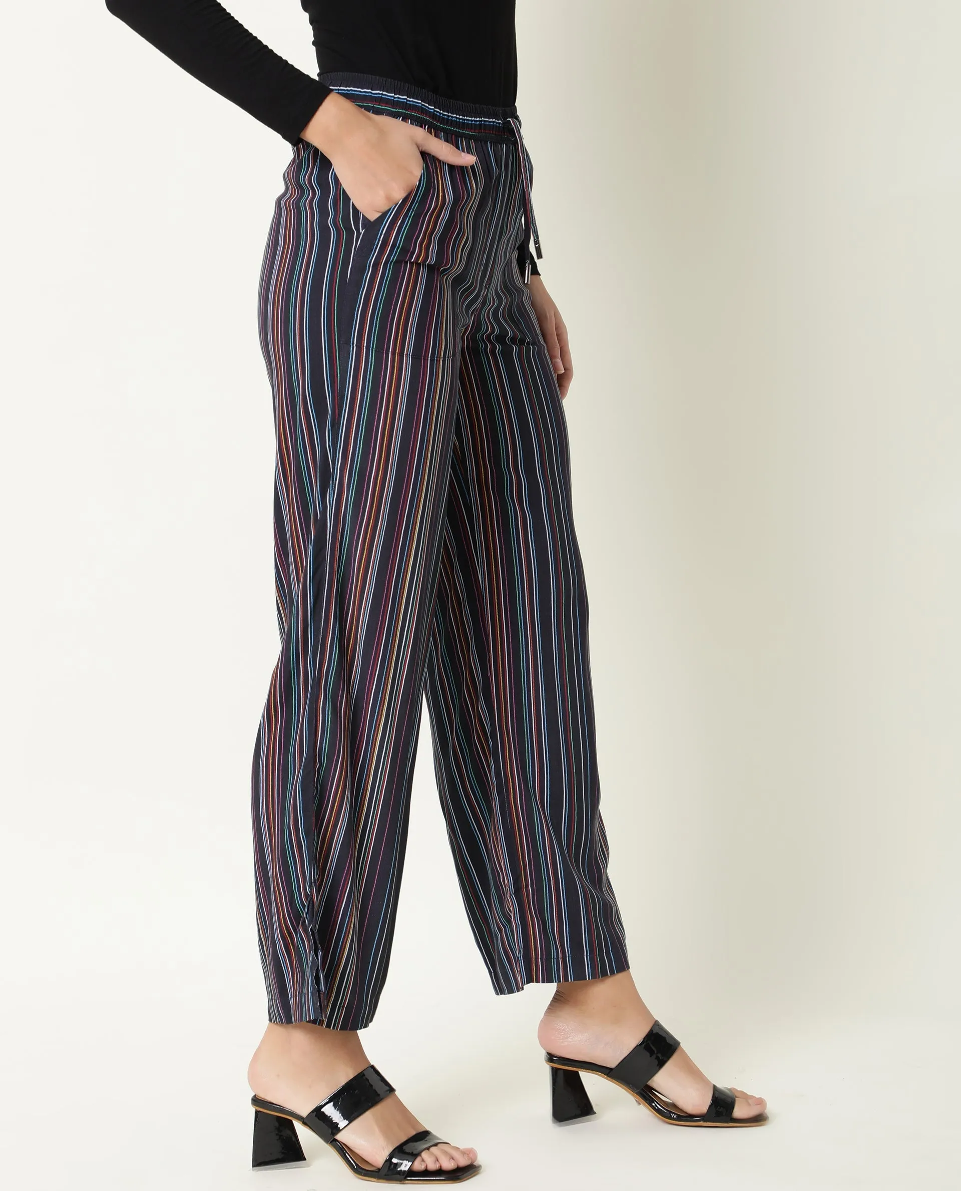 Rareism Women Moose Black Viscose Fabric Tailored Fit Mid Rise Striped Ankle Length Trousers