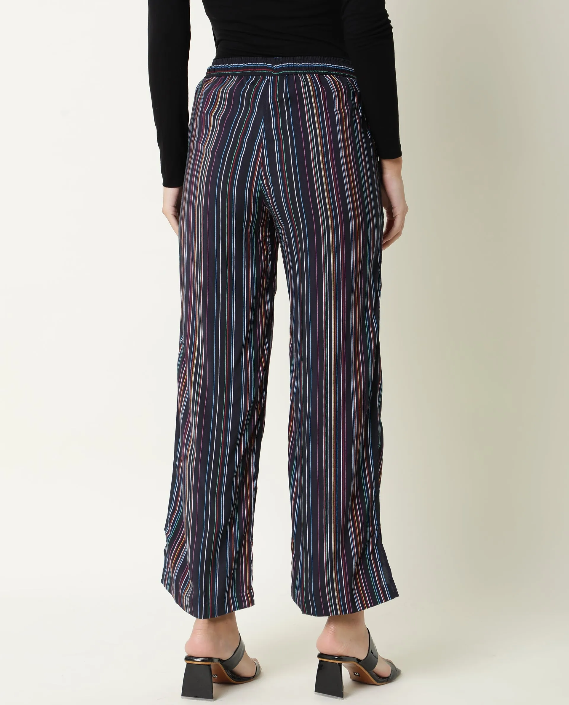 Rareism Women Moose Black Viscose Fabric Tailored Fit Mid Rise Striped Ankle Length Trousers