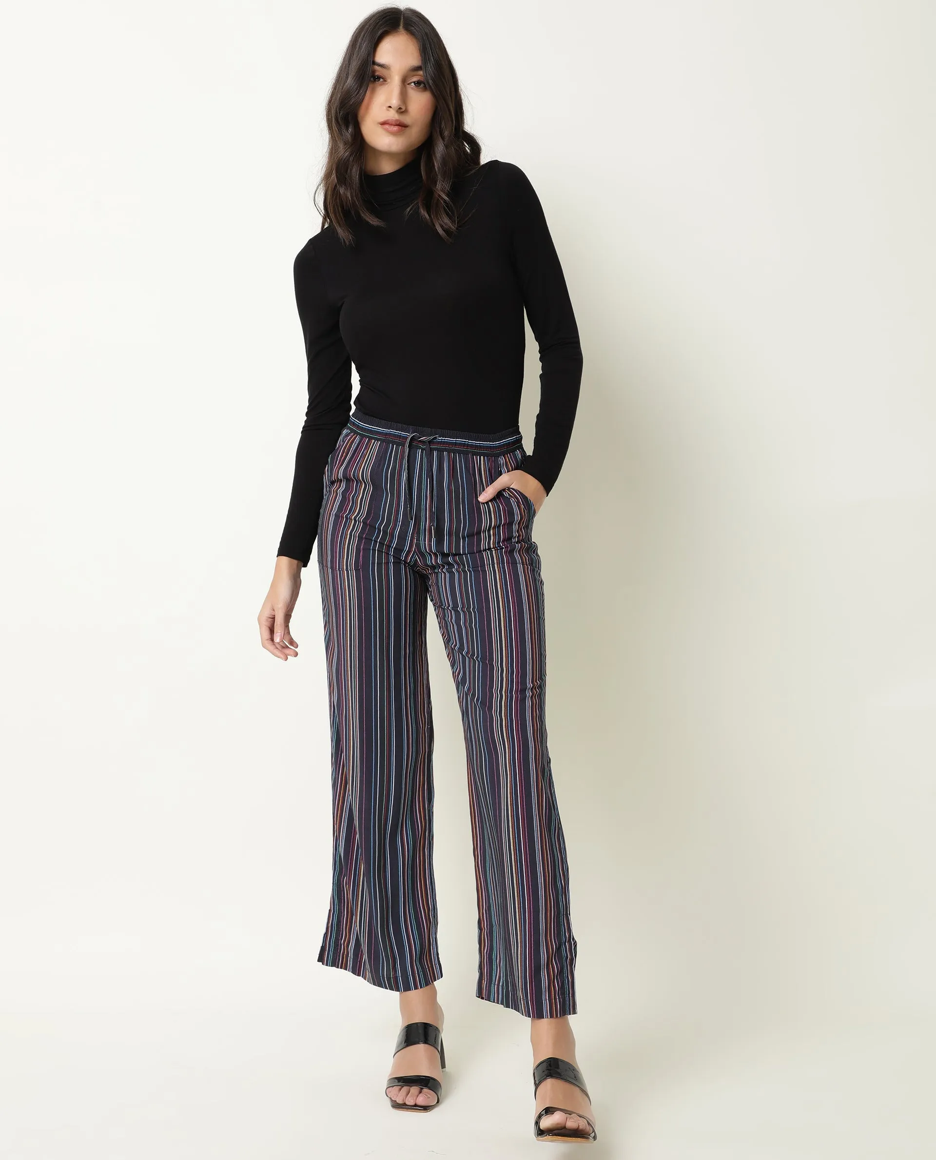 Rareism Women Moose Black Viscose Fabric Tailored Fit Mid Rise Striped Ankle Length Trousers