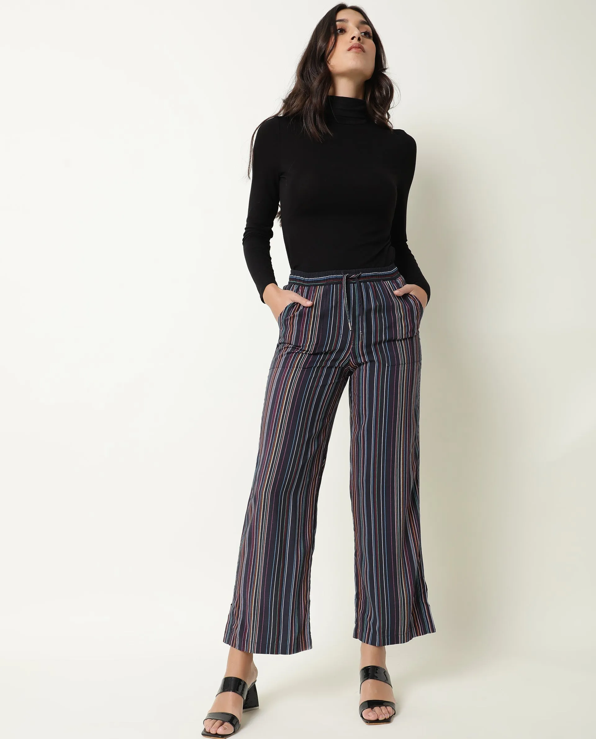 Rareism Women Moose Black Viscose Fabric Tailored Fit Mid Rise Striped Ankle Length Trousers