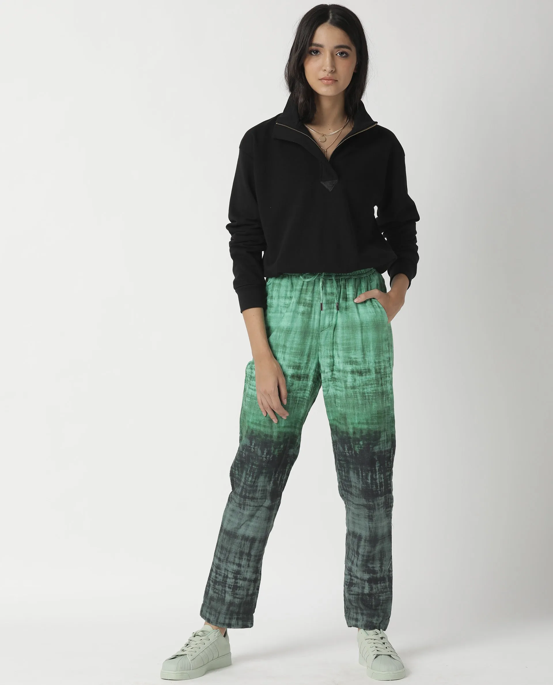 Rareism Women Raymon Green Cotton Fabric Tailored Fit Mid Rise Textured Ankle Length Trousers