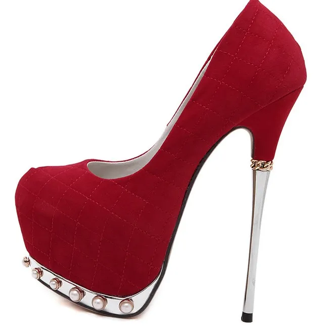 Red Quilted Suede Pearls Embellished Platforms Metal Stiletto High Heels Shoes