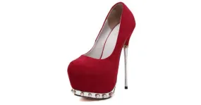 Red Quilted Suede Pearls Embellished Platforms Metal Stiletto High Heels Shoes