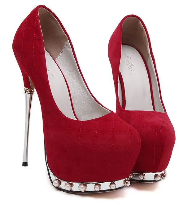 Red Quilted Suede Pearls Embellished Platforms Metal Stiletto High Heels Shoes