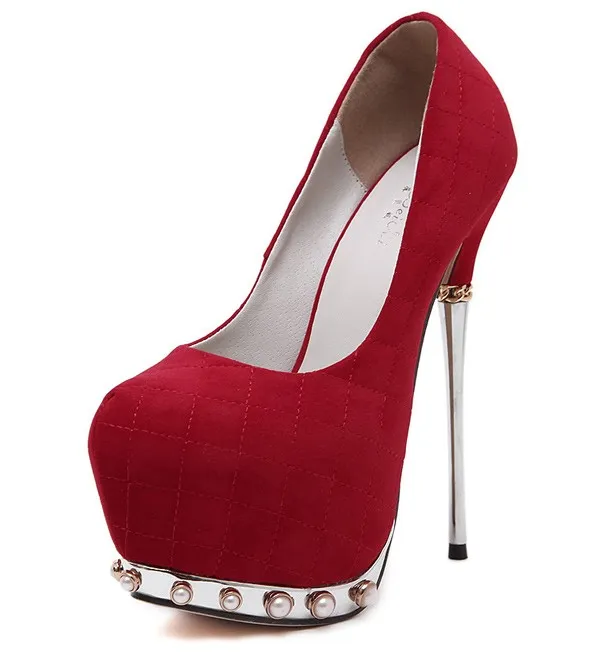 Red Quilted Suede Pearls Embellished Platforms Metal Stiletto High Heels Shoes