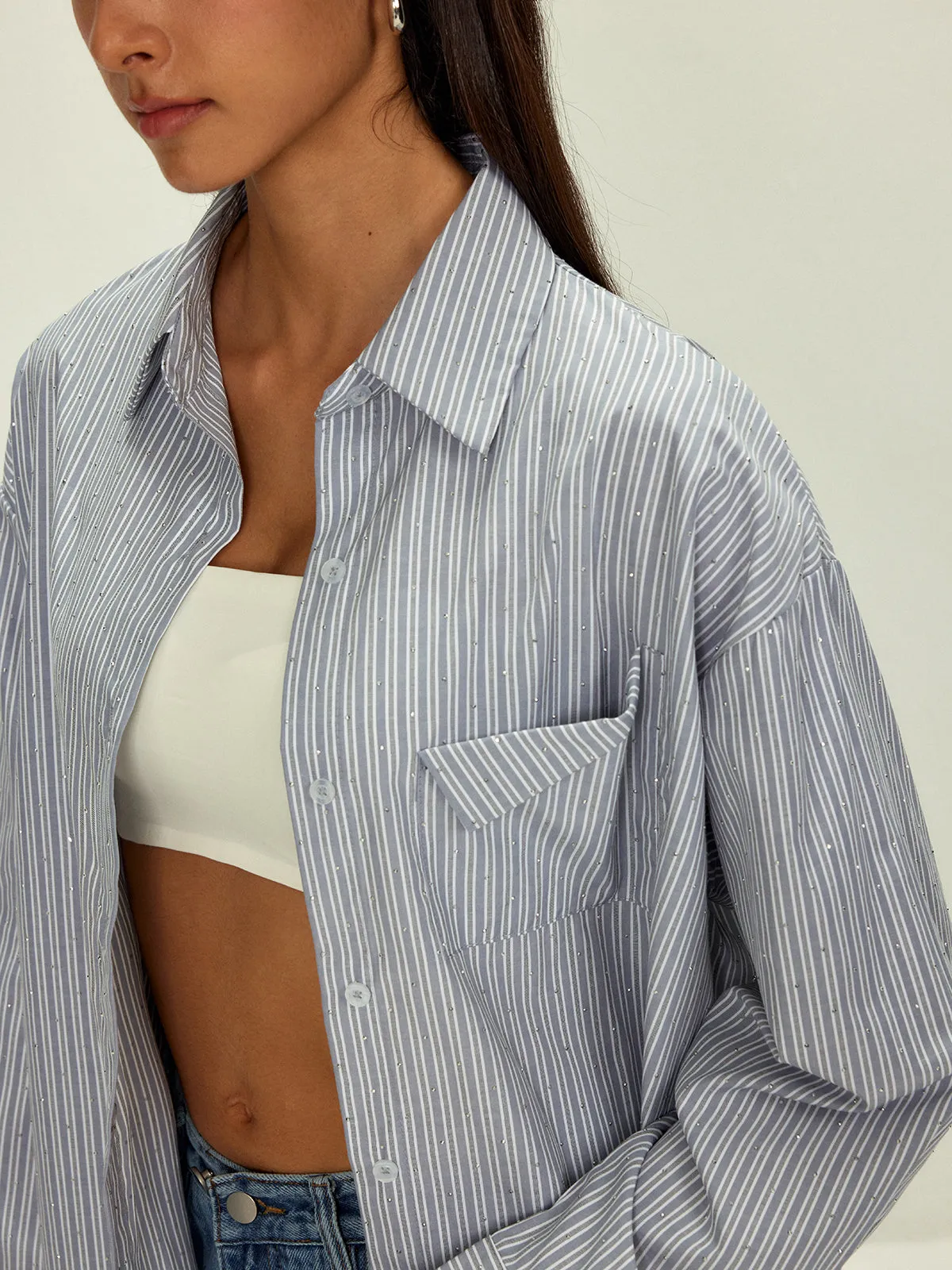 Rhinestone Dot Pinstripe Pocket Shirt