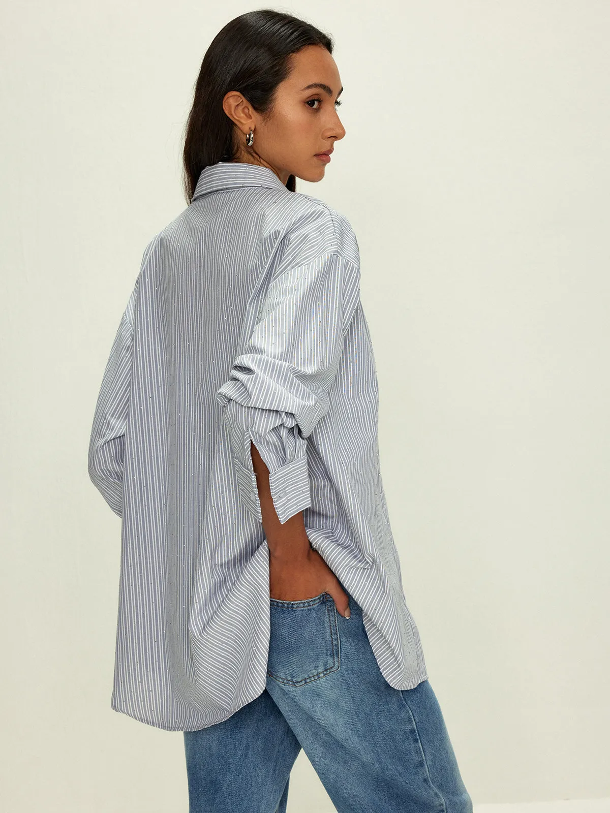 Rhinestone Dot Pinstripe Pocket Shirt