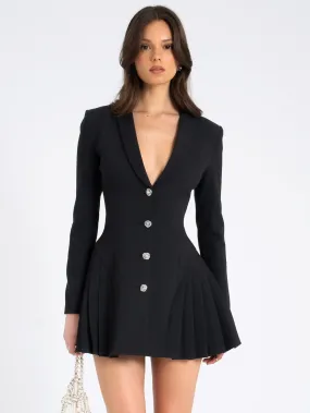 Ria Black Blazer Mini Dress with Crystal Button and Pleated Detail