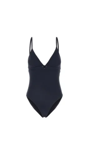 Ribbed Knit One-Piece Swimsuit - Navy Blue