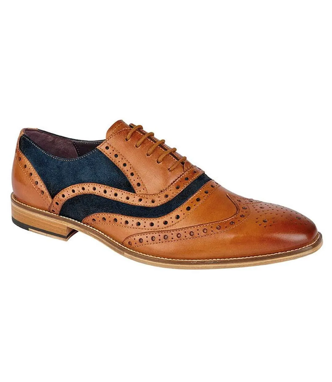 Men's Tan/Blue Leather Brogue Oxfords with 5 Eyelets from Roamers