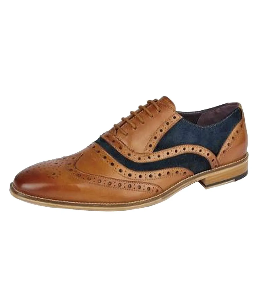 Men's Tan/Blue Leather Brogue Oxfords with 5 Eyelets from Roamers