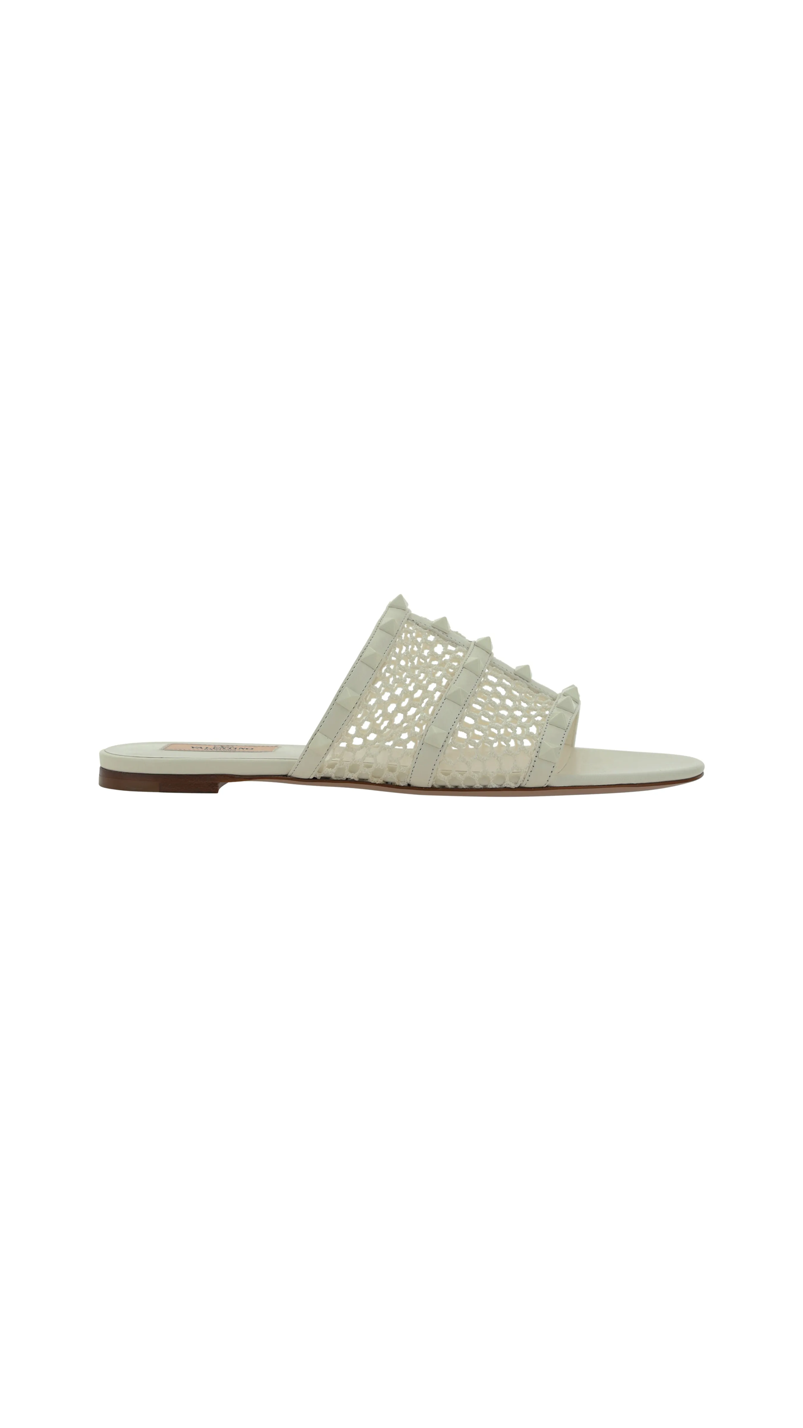 White Rockstud and Mesh Flat Slide Sandals