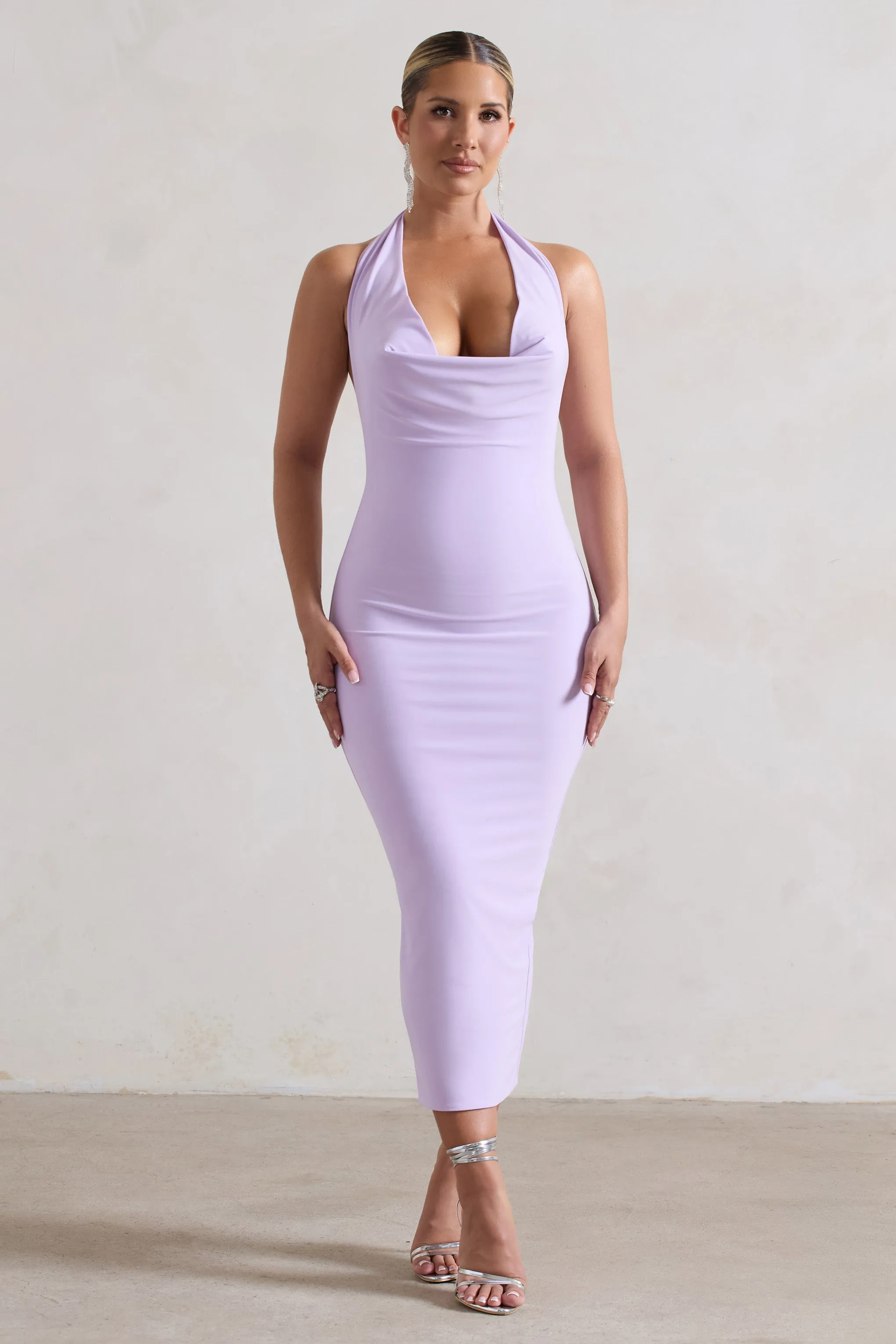 Lilac Cowl-Neck Midi Dress for Women - Roulette