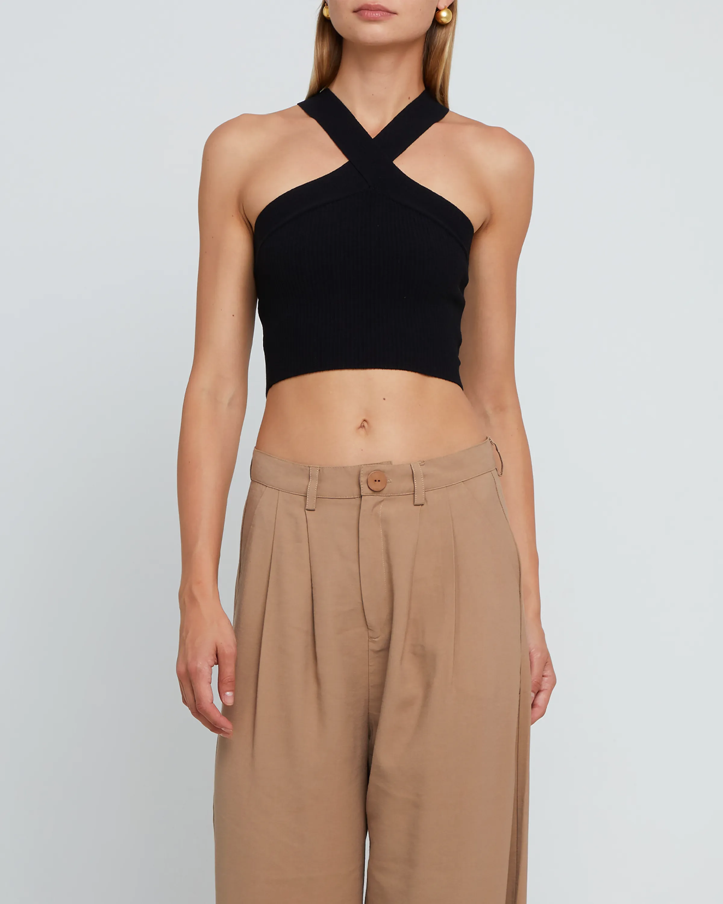 Sculpting Knit Criss Cross Cropped Halter Tank