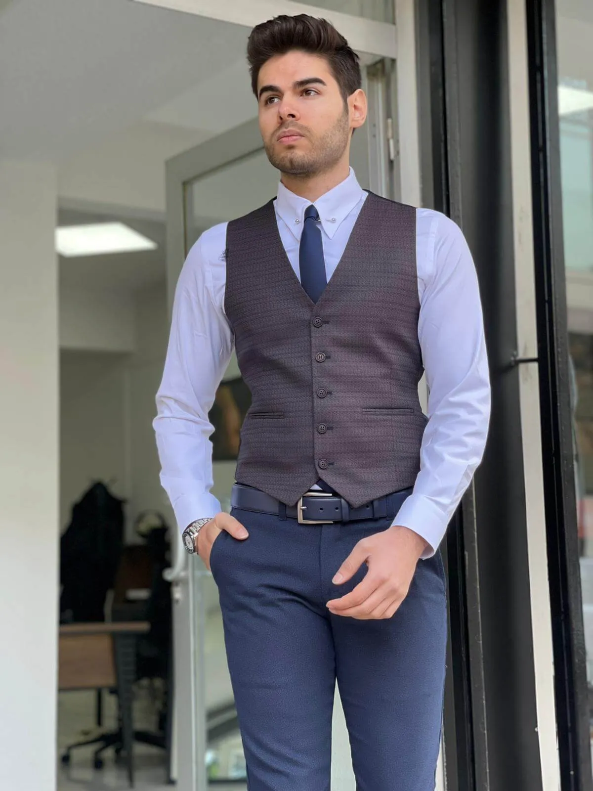 Self Patterned Navy Blue Men's Waist Coat