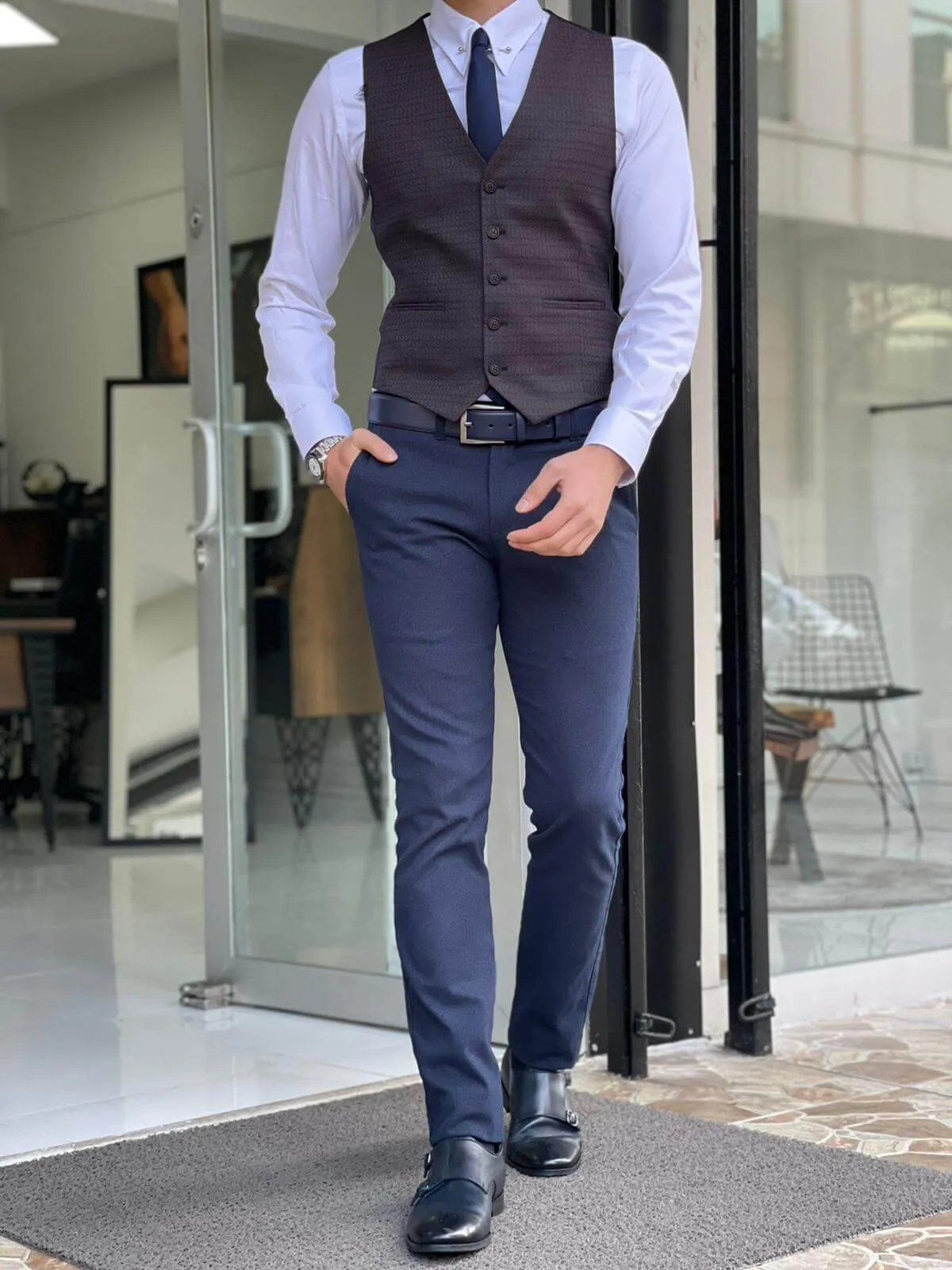 Self Patterned Navy Blue Men's Waist Coat