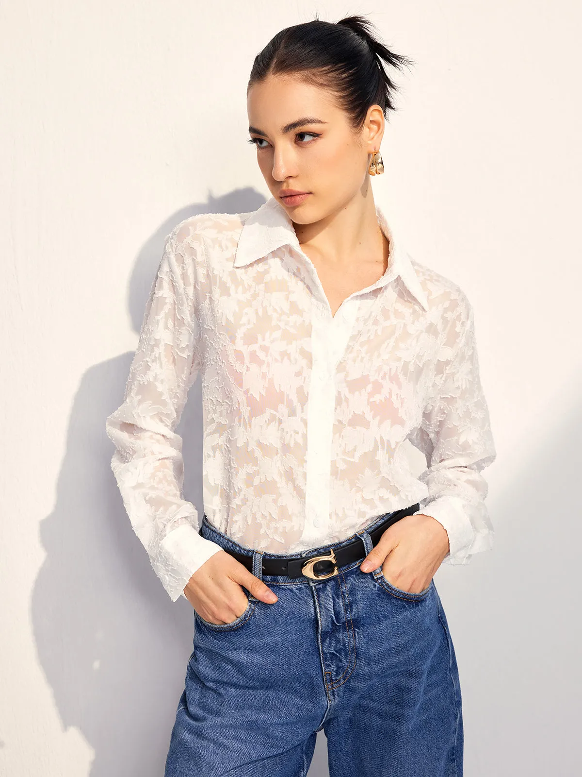 Semi-Sheer Jacquard Button Shirt